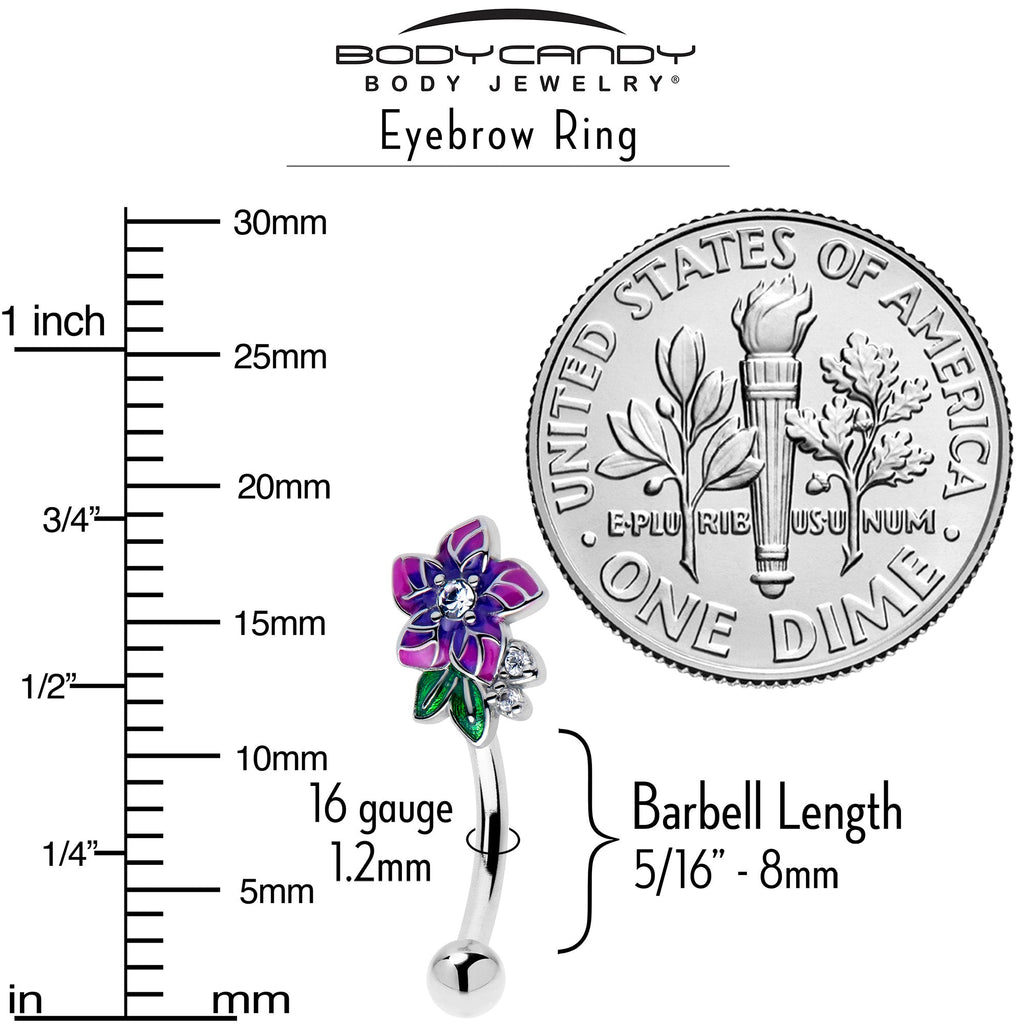 BodyCandy 16G 5/16 Clear CZ Gem Flower Purple Curved Eyebrow Ring — side view