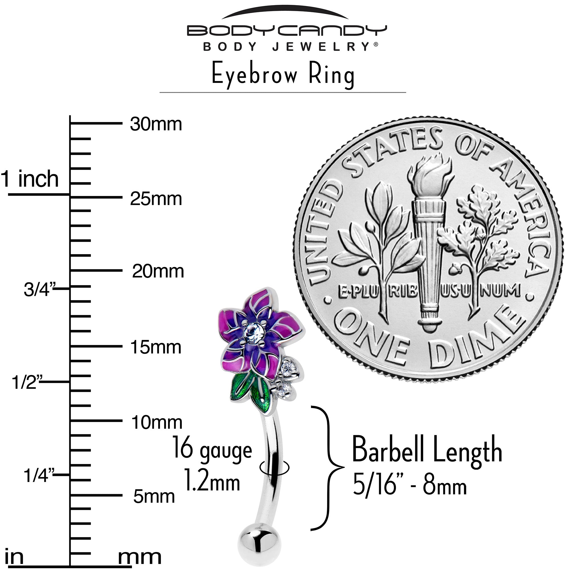 BodyCandy 16G 5/16 Clear CZ Gem Flower Purple Curved Eyebrow Ring — side view