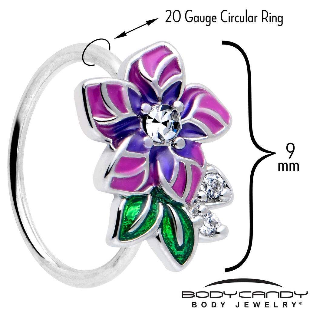 BodyCandy 20G 5/16 Clear CZ Gem Flower Purple Nose Hoop — detail close-up