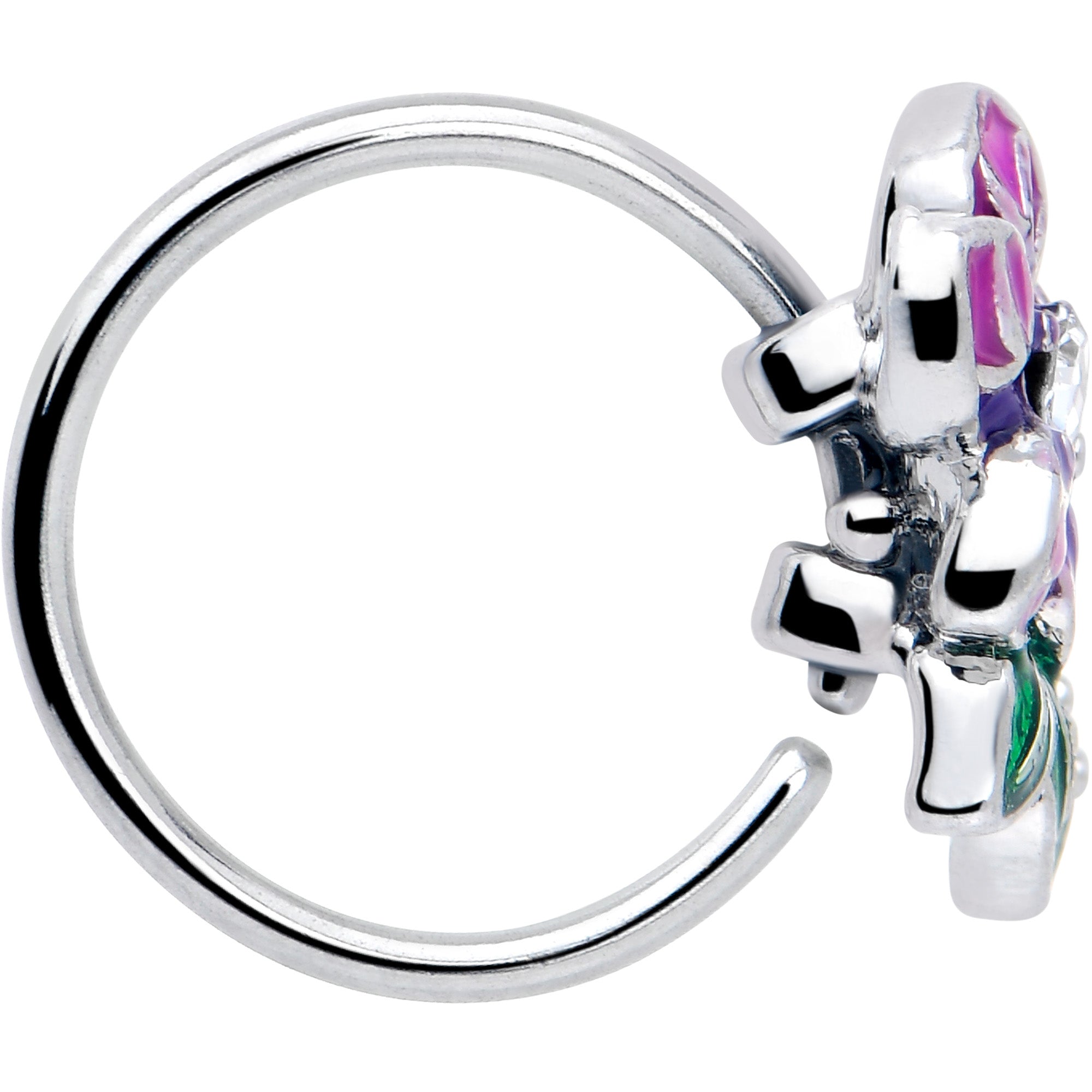BodyCandy 20G 5/16 Clear CZ Gem Flower Purple Nose Hoop — side view