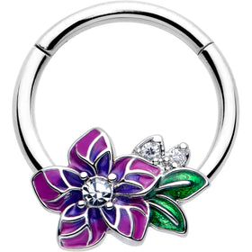 16G 3/8 Clear CZ Gem Flower Purple Hinged Segment Ring