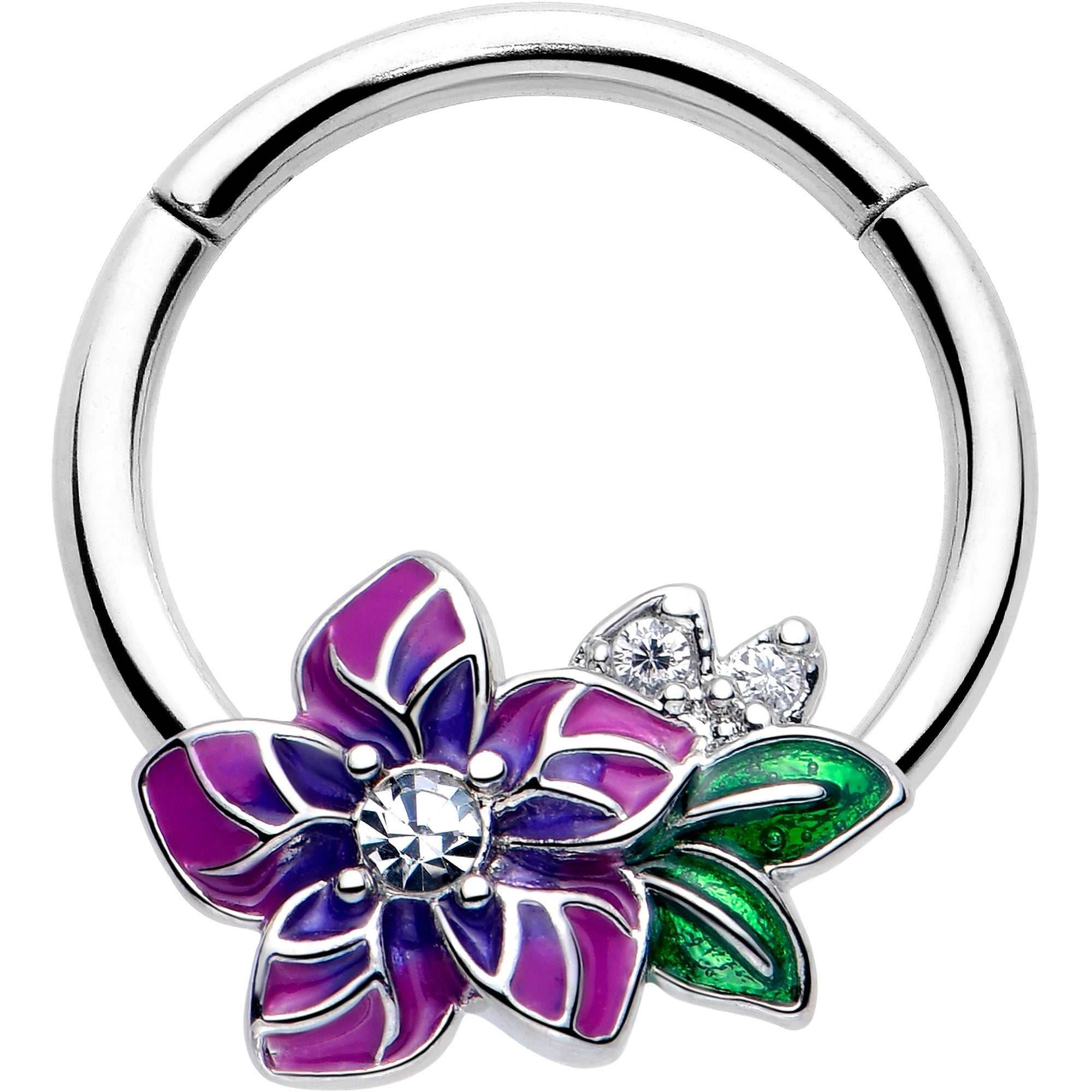 BodyCandy 16G 3/8 Clear CZ Gem Flower Purple Hinged Segment Ring — main product shot
