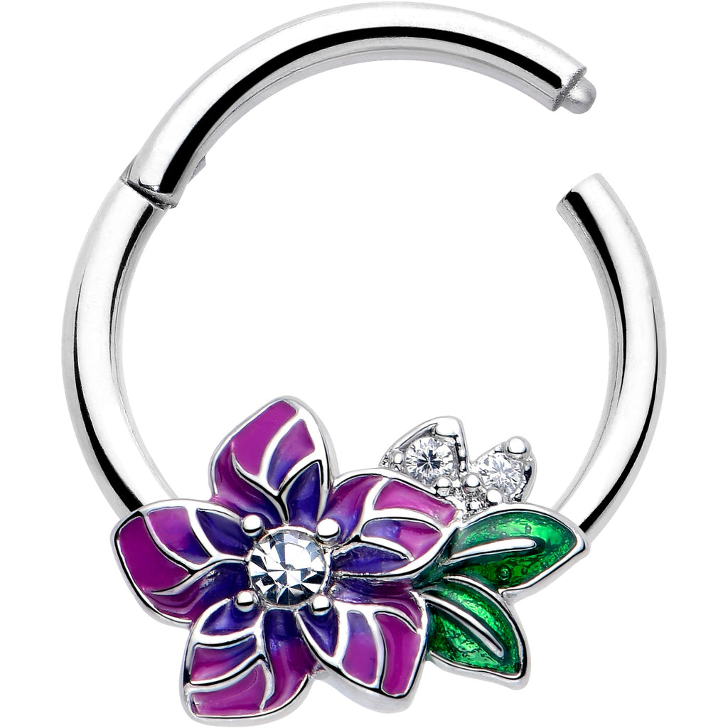 BodyCandy 16G 3/8 Clear CZ Gem Flower Purple Hinged Segment Ring — detail close-up