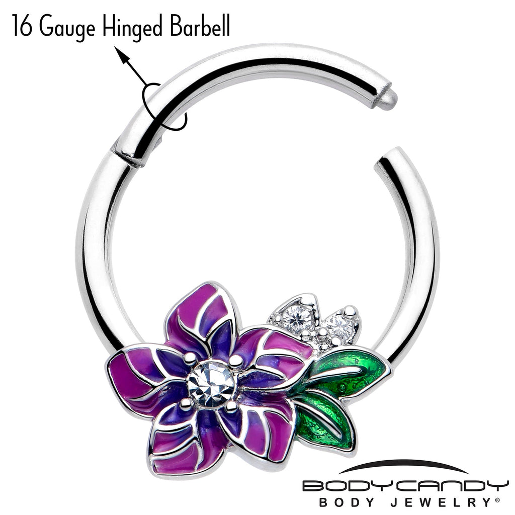 BodyCandy 16G 3/8 Clear CZ Gem Flower Purple Hinged Segment Ring — lifestyle context