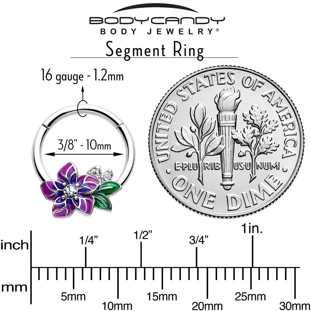 BodyCandy 16G 3/8 Clear CZ Gem Flower Purple Hinged Segment Ring — side view
