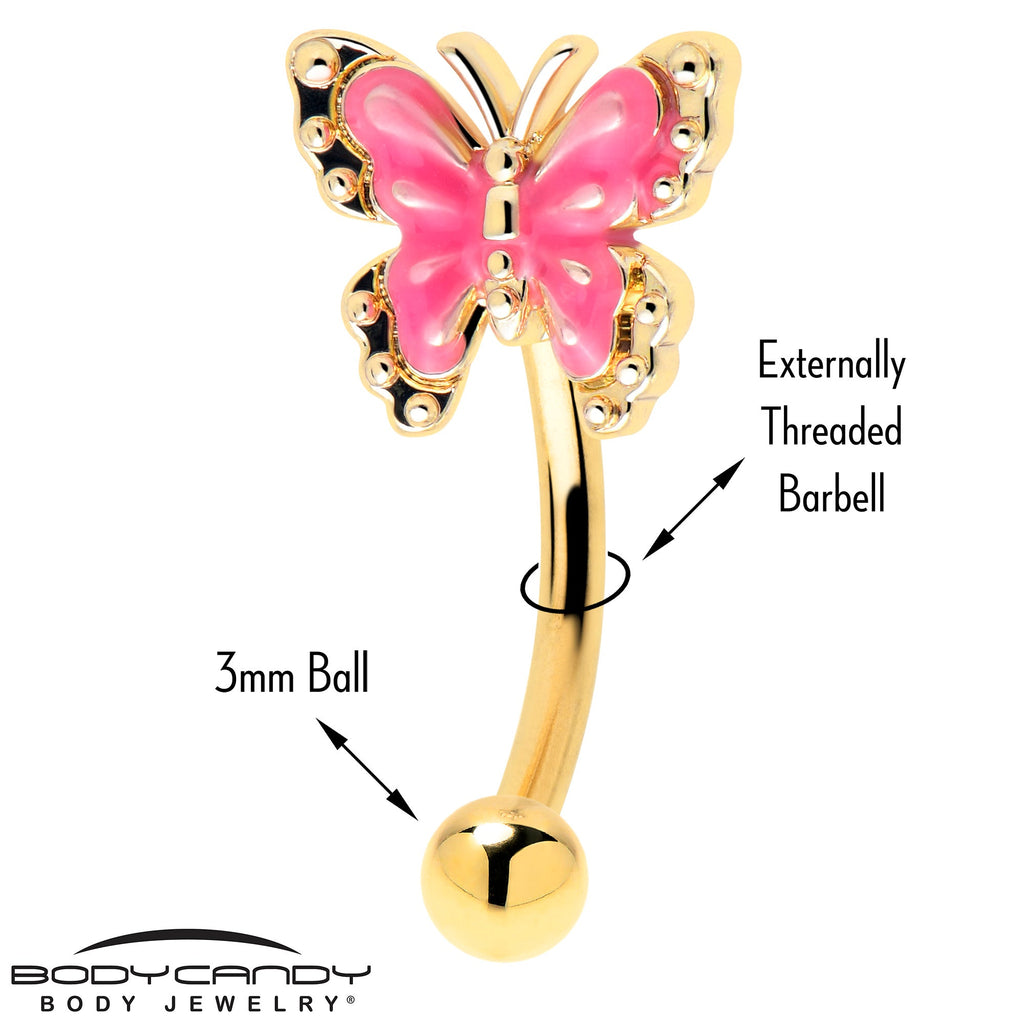 BodyCandy 16G 5/16 Gold Tone Butterfly Pink Splash Curved Eyebrow Ring — detail close-up