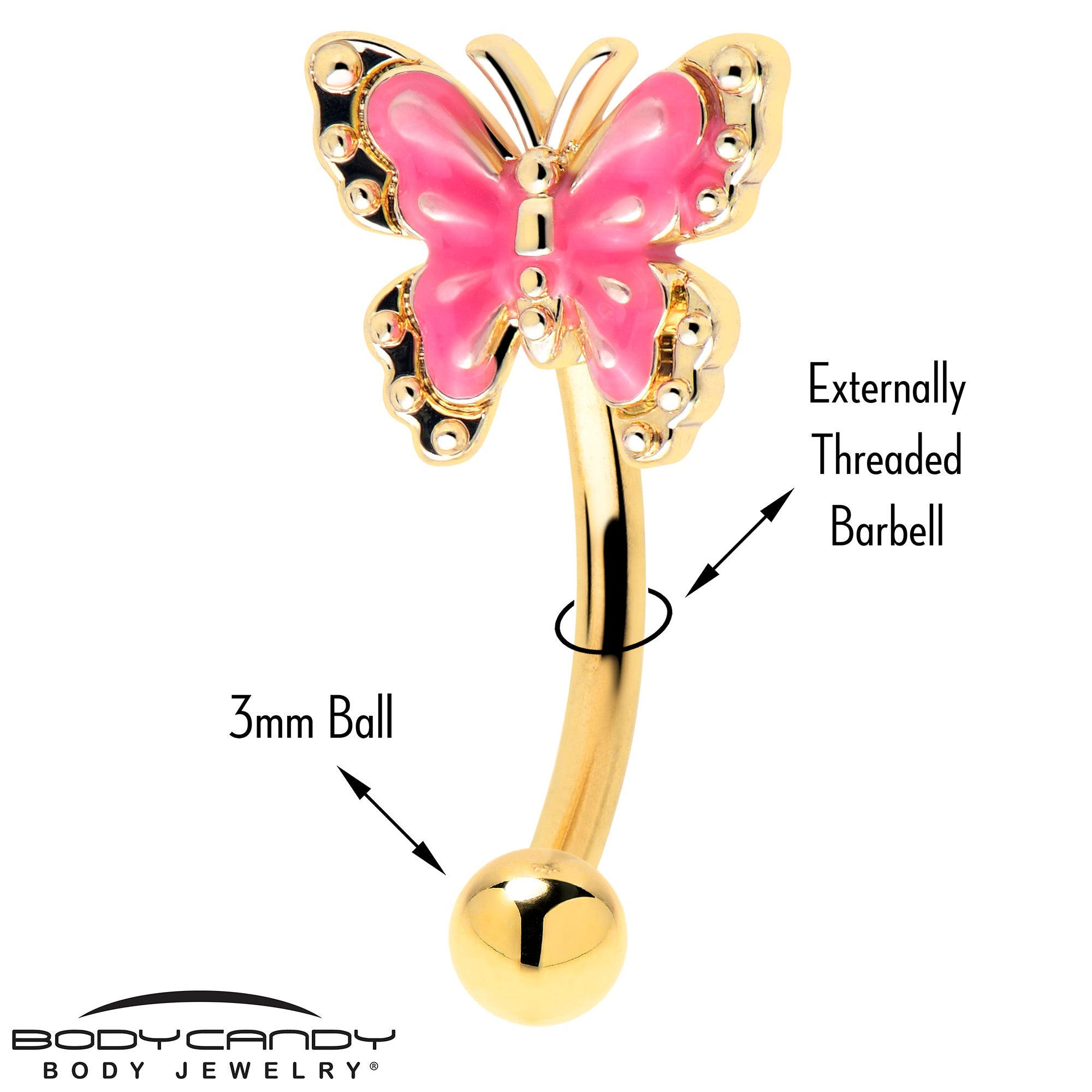 BodyCandy 16G 5/16 Gold Tone Butterfly Pink Splash Curved Eyebrow Ring — detail close-up