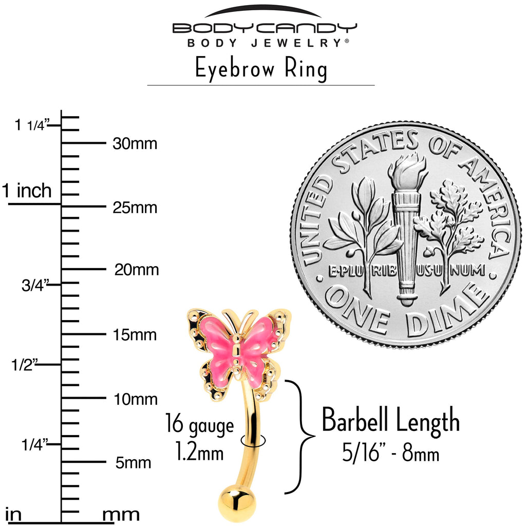 BodyCandy 16G 5/16 Gold Tone Butterfly Pink Splash Curved Eyebrow Ring — side view