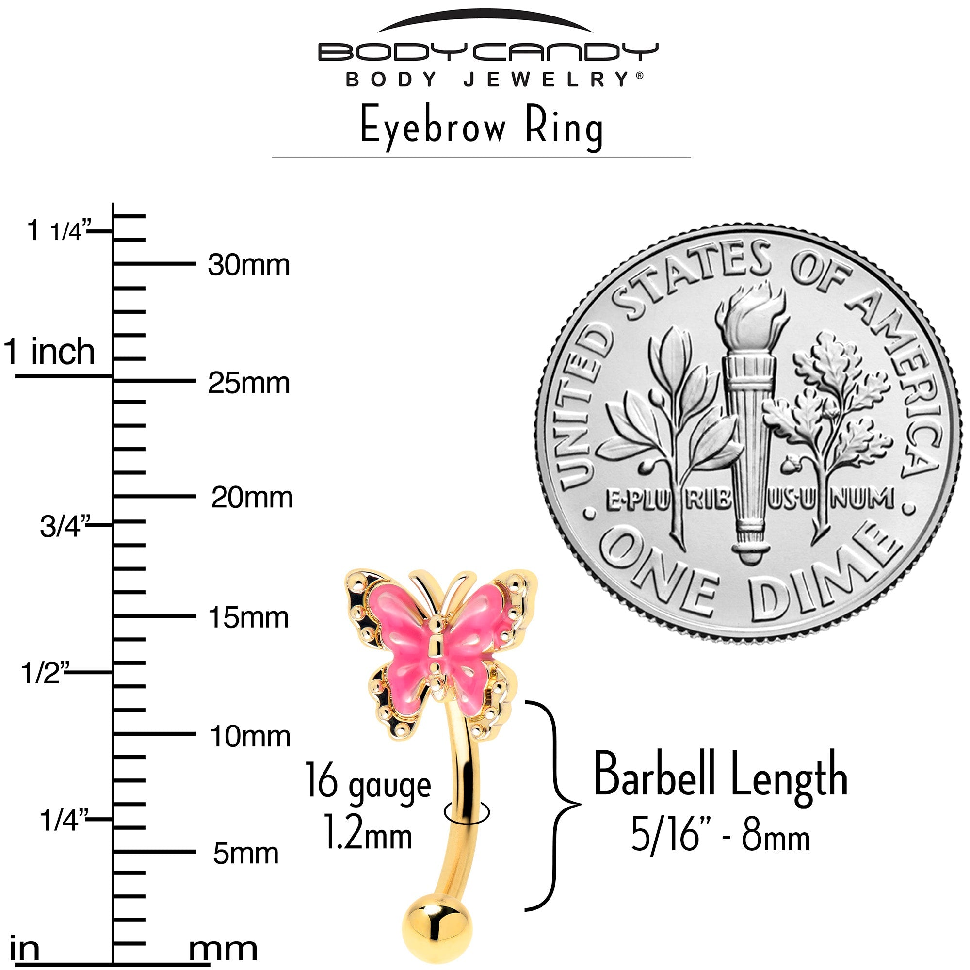BodyCandy 16G 5/16 Gold Tone Butterfly Pink Splash Curved Eyebrow Ring — side view