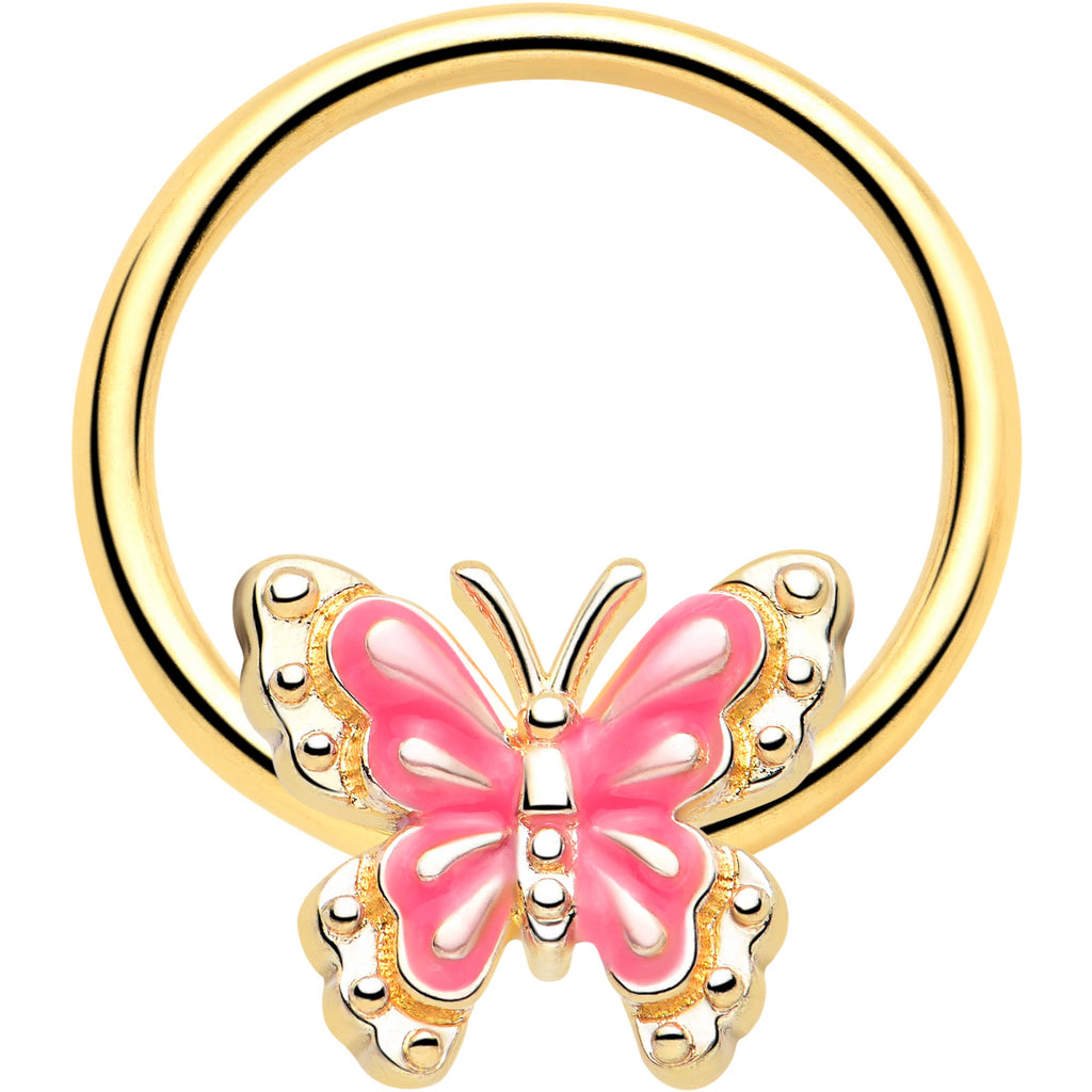 BodyCandy 16G 3/8 Gold Tone Butterfly Pink Splash BCR Captive Charm Ring — main product shot