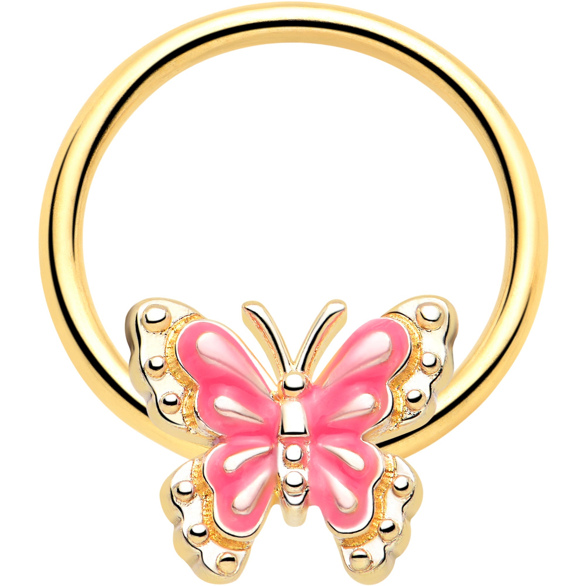 BodyCandy 16G 3/8 Gold Tone Butterfly Pink Splash BCR Captive Charm Ring — main product shot
