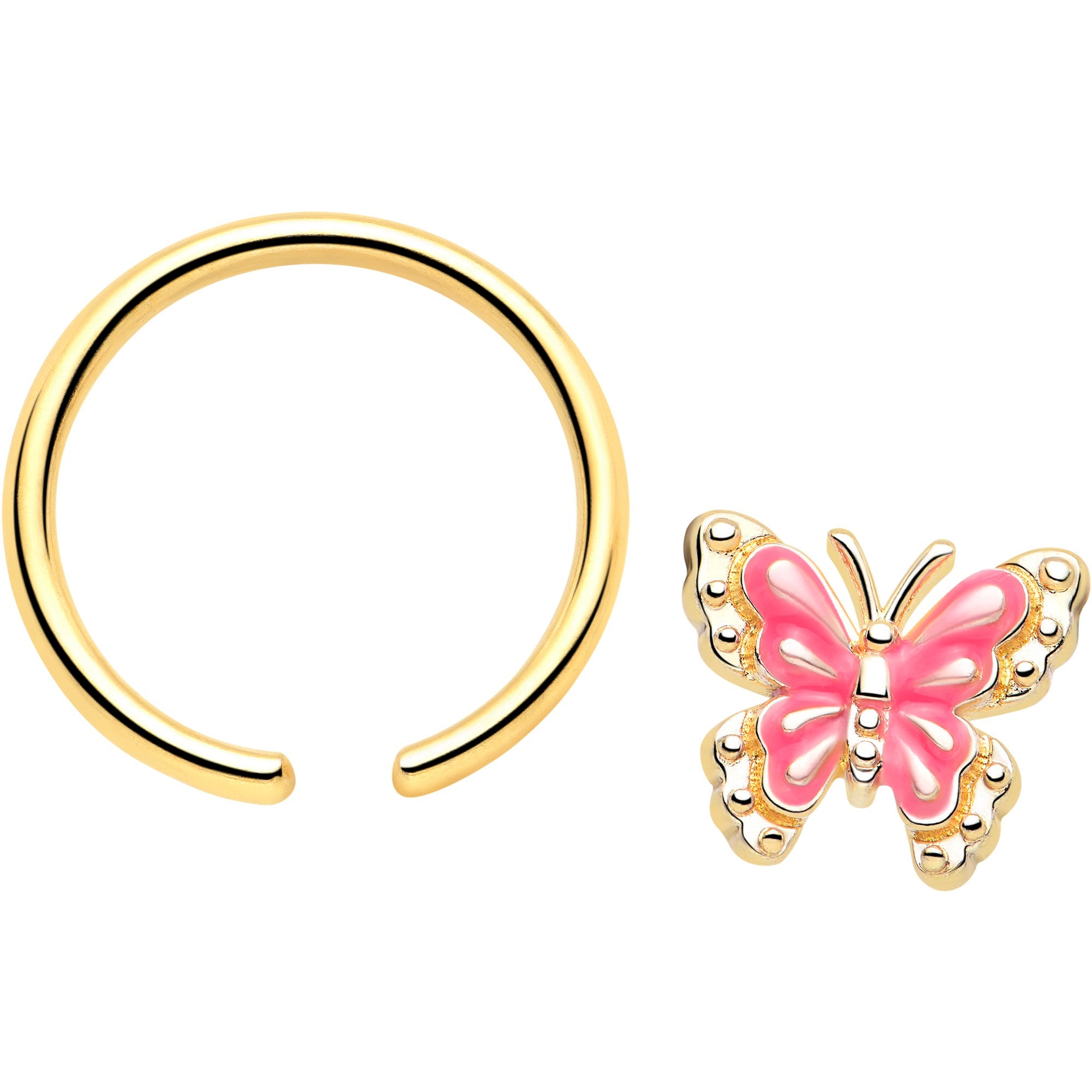 BodyCandy 16G 3/8 Gold Tone Butterfly Pink Splash BCR Captive Charm Ring — detail close-up