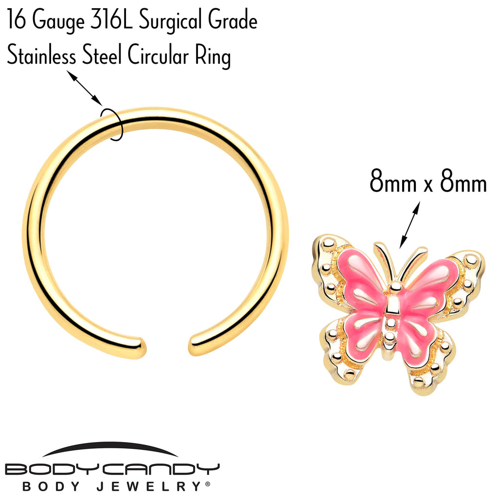 BodyCandy 16G 3/8 Gold Tone Butterfly Pink Splash BCR Captive Charm Ring — lifestyle context