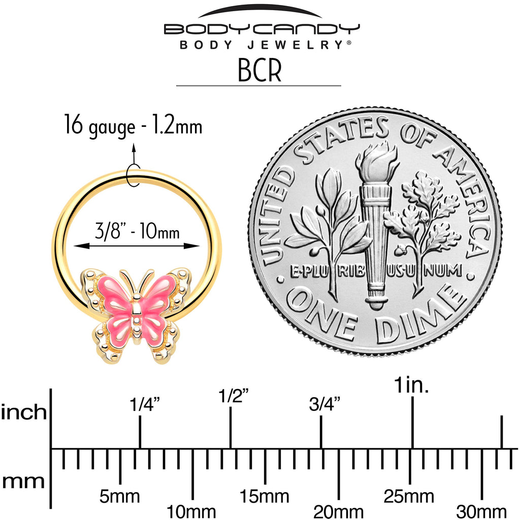 BodyCandy 16G 3/8 Gold Tone Butterfly Pink Splash BCR Captive Charm Ring — side view