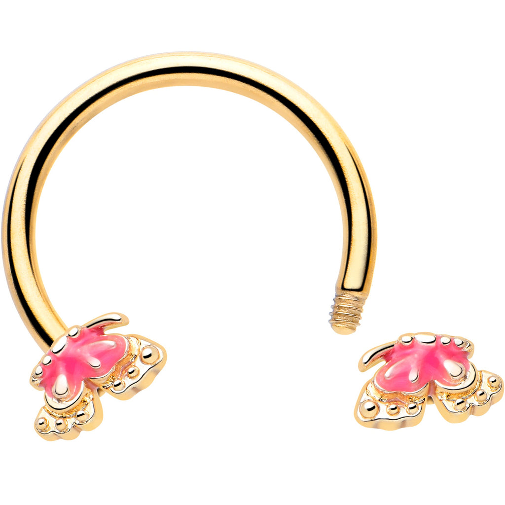 BodyCandy 16G 3/8 Gold Tone Butterfly Pink Splash Horseshoe Circular Barbell — detail close-up