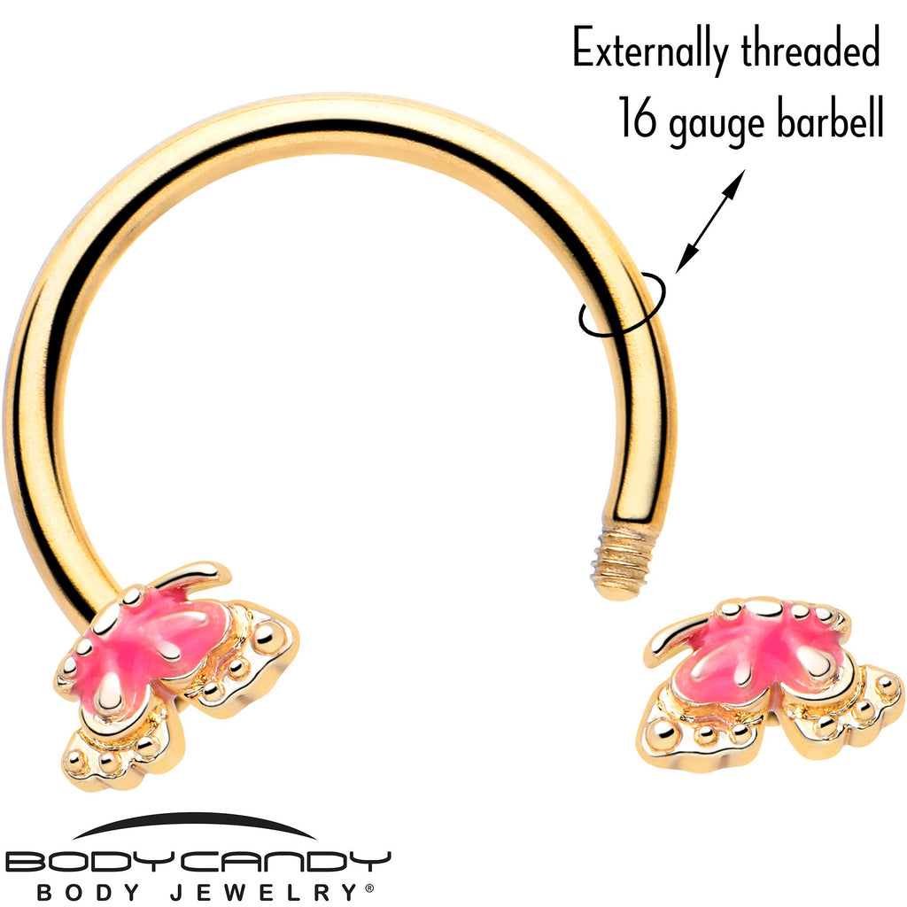 BodyCandy 16G 3/8 Gold Tone Butterfly Pink Splash Horseshoe Circular Barbell — lifestyle context