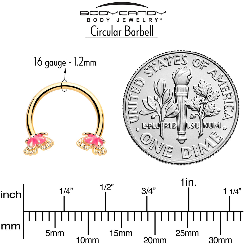 BodyCandy 16G 3/8 Gold Tone Butterfly Pink Splash Horseshoe Circular Barbell — side view