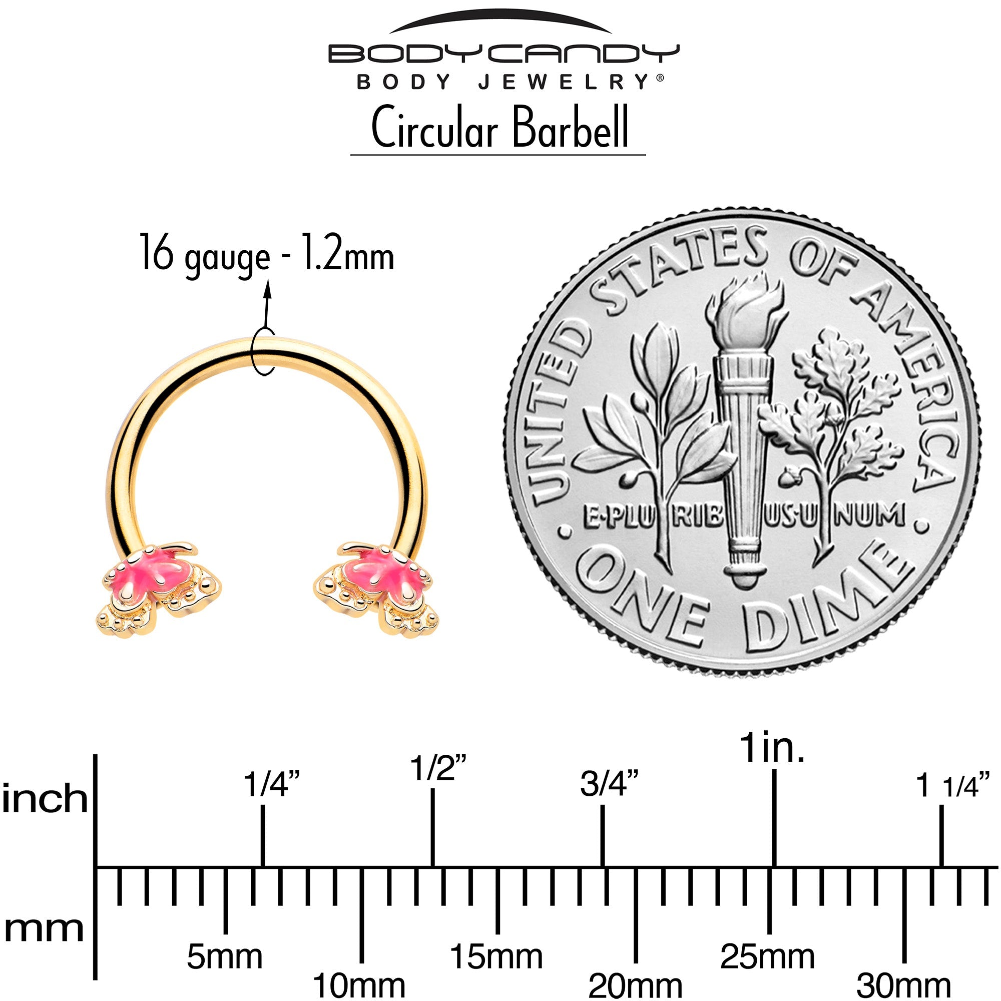 BodyCandy 16G 3/8 Gold Tone Butterfly Pink Splash Horseshoe Circular Barbell — side view