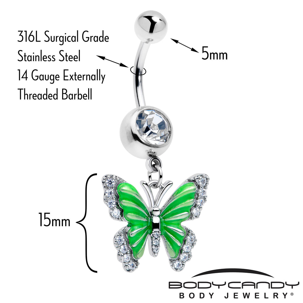 BodyCandy Clear CZ Gem Butterfly Green Dangle Belly Ring — detail close-up