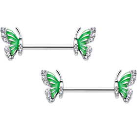 14G 9/16 Clear CZ Gem Butterfly Green Barbell Nipple Ring Set