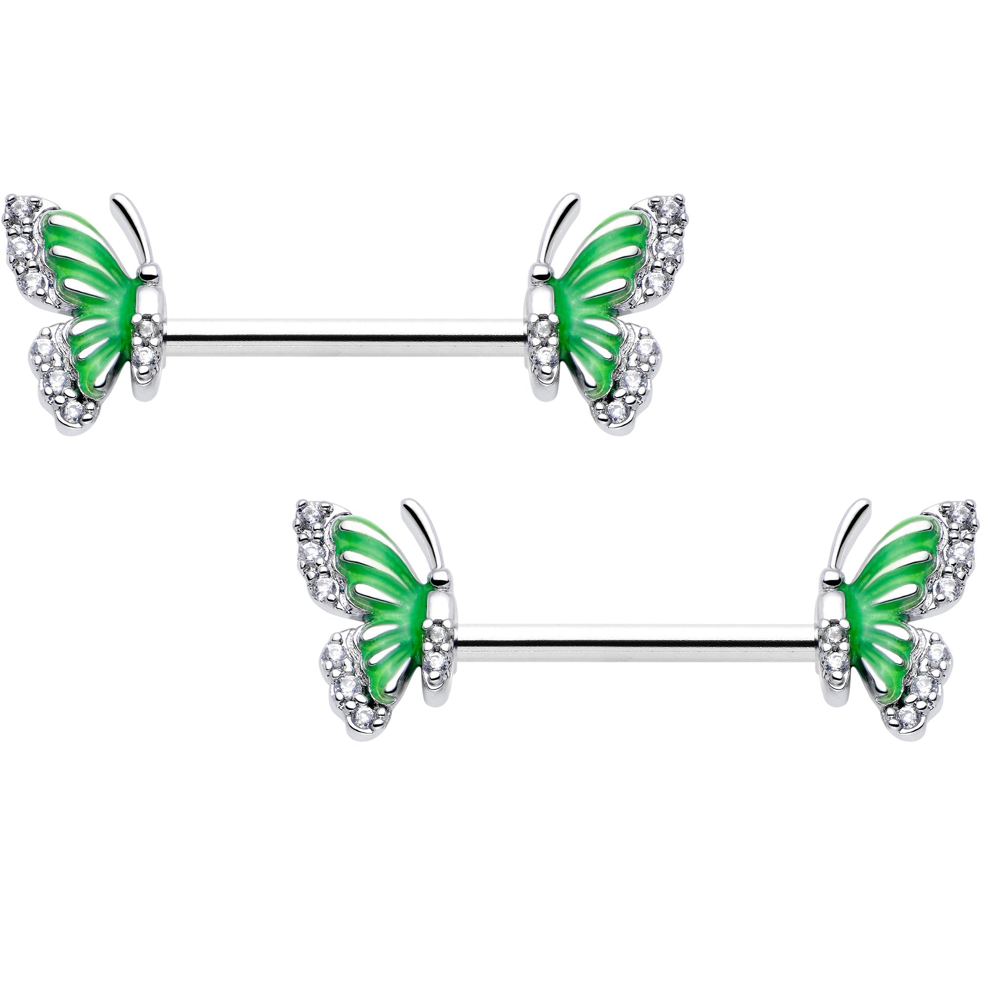 BodyCandy 14G 9/16 Clear CZ Gem Butterfly Green Barbell Nipple Ring Set — main product shot
