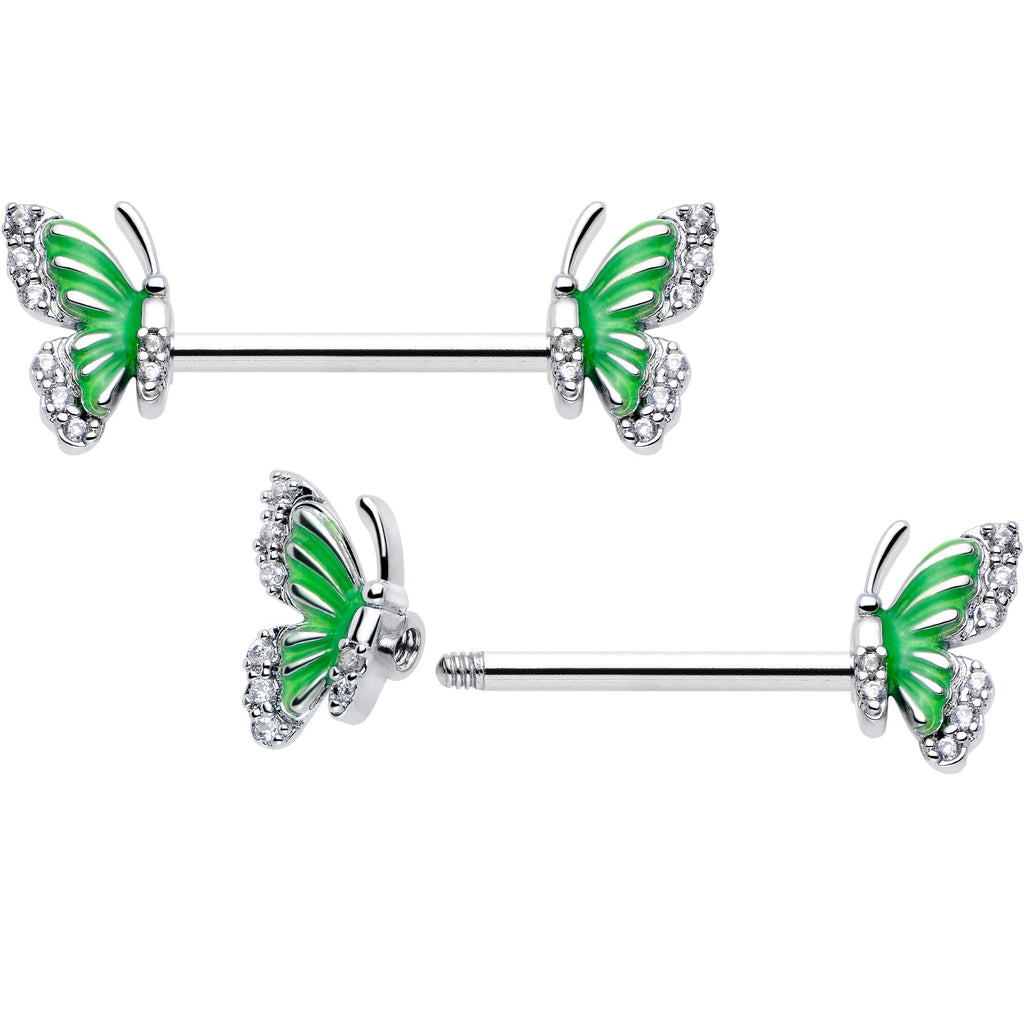 BodyCandy 14G 9/16 Clear CZ Gem Butterfly Green Barbell Nipple Ring Set — detail close-up