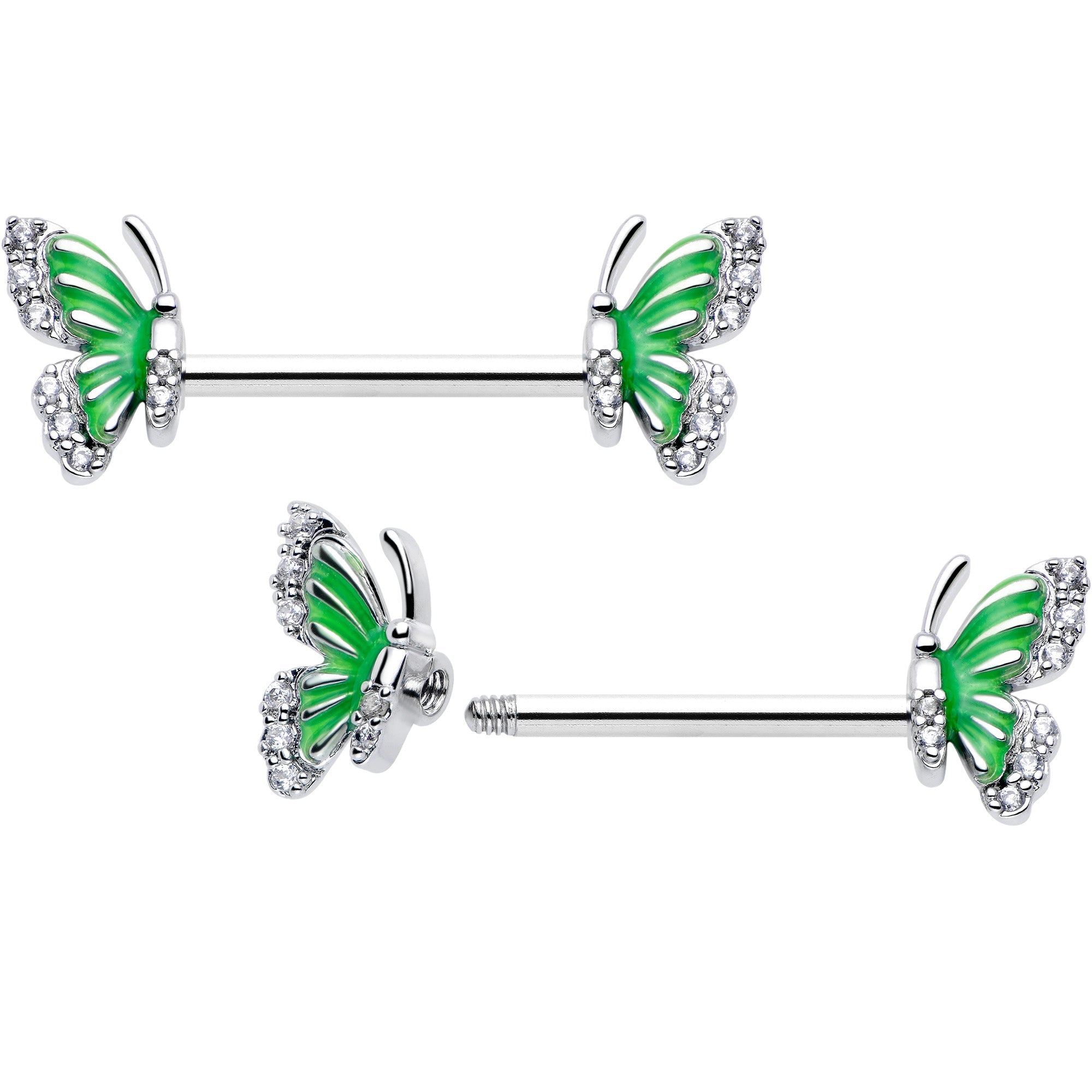 BodyCandy 14G 9/16 Clear CZ Gem Butterfly Green Barbell Nipple Ring Set — detail close-up
