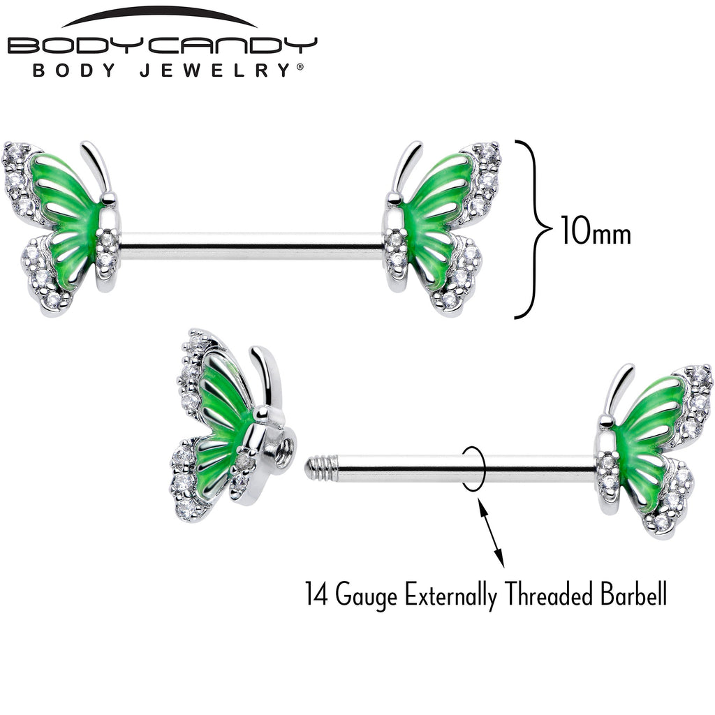 BodyCandy 14G 9/16 Clear CZ Gem Butterfly Green Barbell Nipple Ring Set — lifestyle context