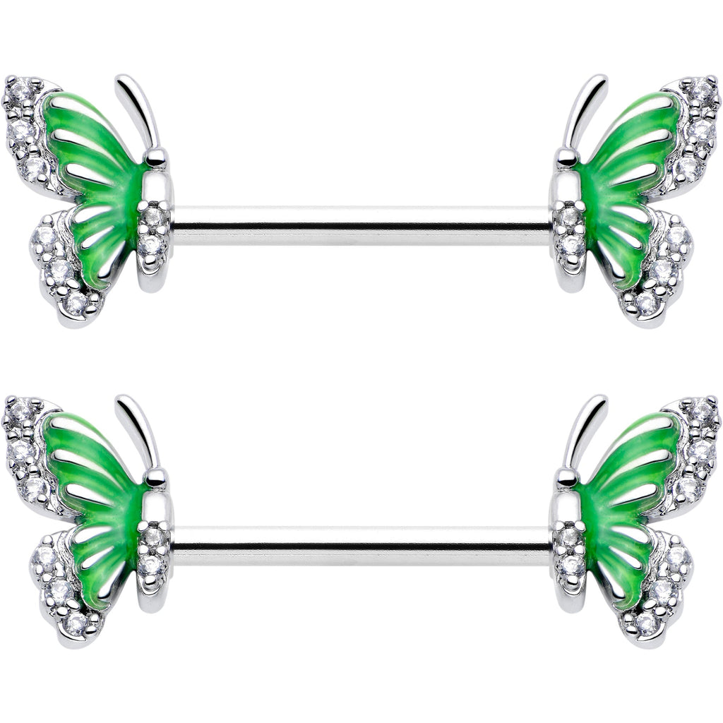 BodyCandy 14G 9/16 Clear CZ Gem Butterfly Green Barbell Nipple Ring Set — side view