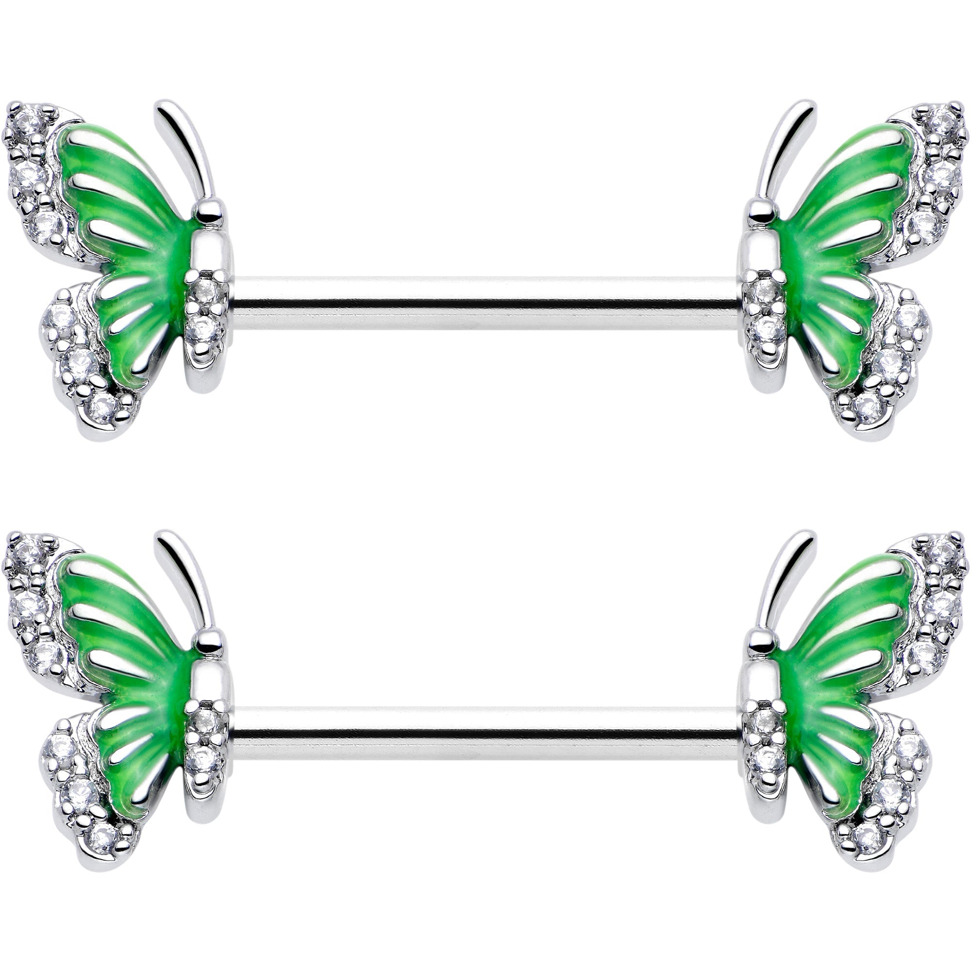 BodyCandy 14G 9/16 Clear CZ Gem Butterfly Green Barbell Nipple Ring Set — side view