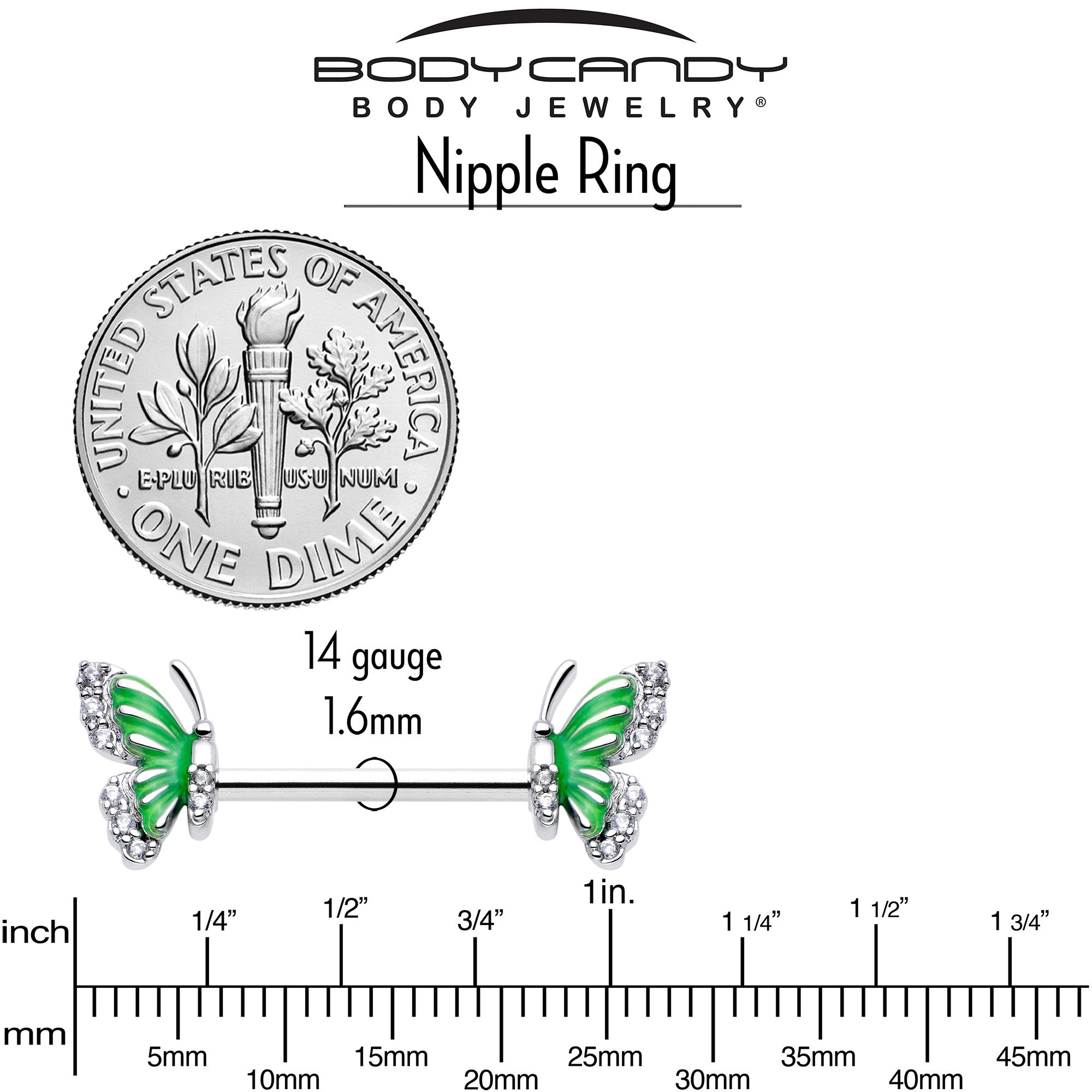 BodyCandy 14G 9/16 Clear CZ Gem Butterfly Green Barbell Nipple Ring Set — back view