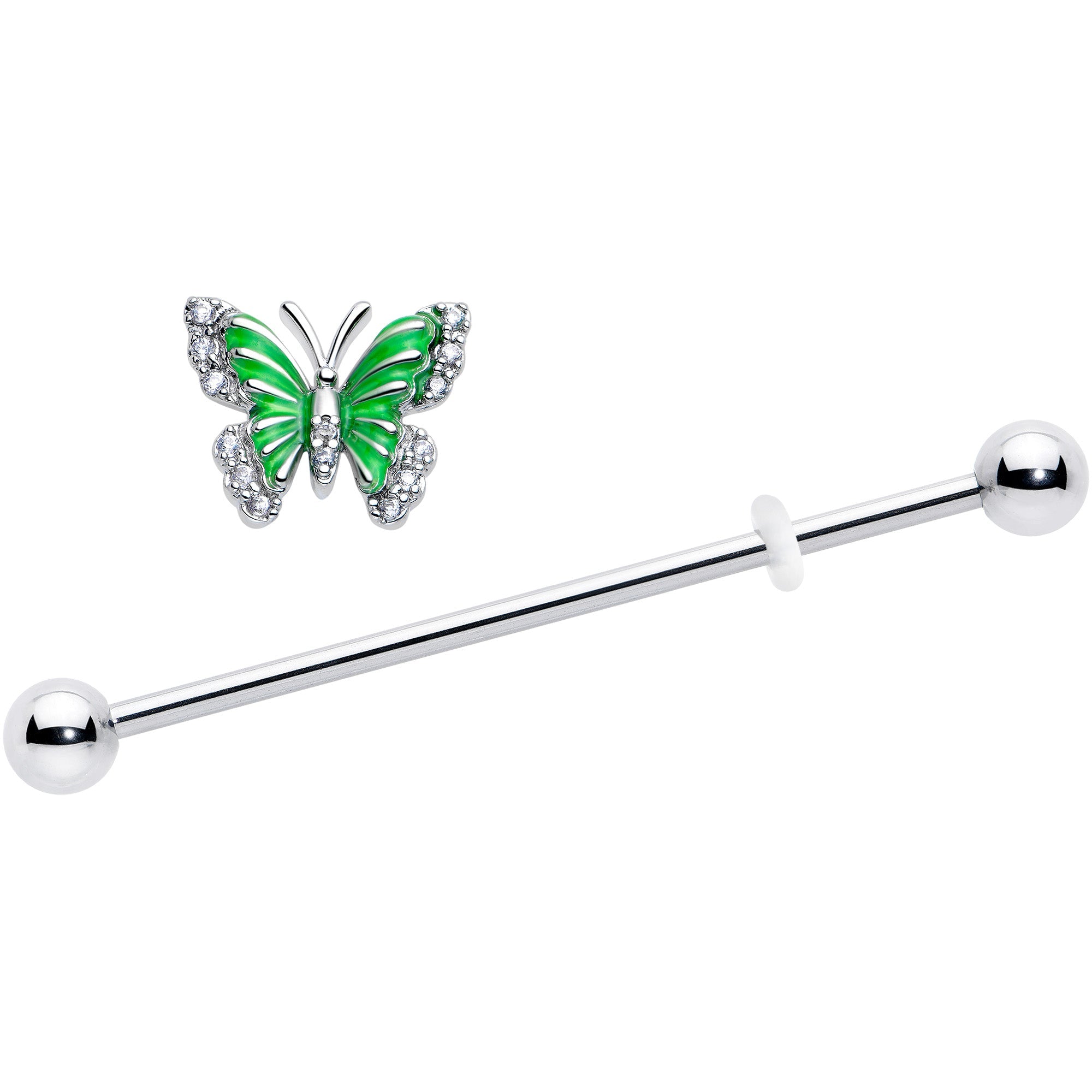BodyCandy 14G Clear CZ Gem Butterfly Green Industrial Barbell 38mm — detail close-up