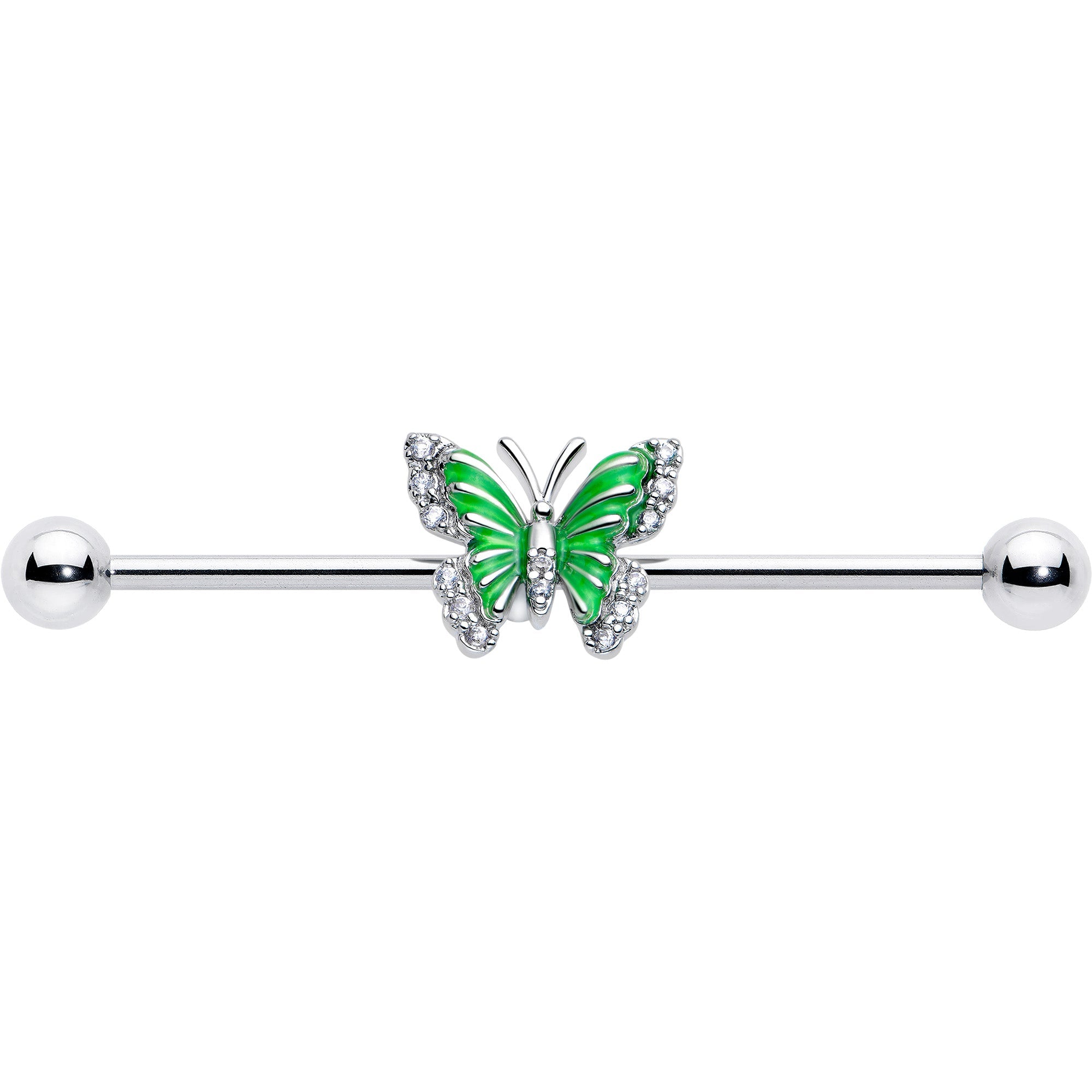 BodyCandy 14G Clear CZ Gem Butterfly Green Industrial Barbell 38mm — lifestyle context
