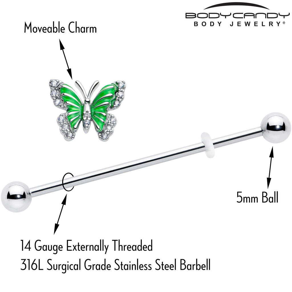 BodyCandy 14G Clear CZ Gem Butterfly Green Industrial Barbell 38mm — side view