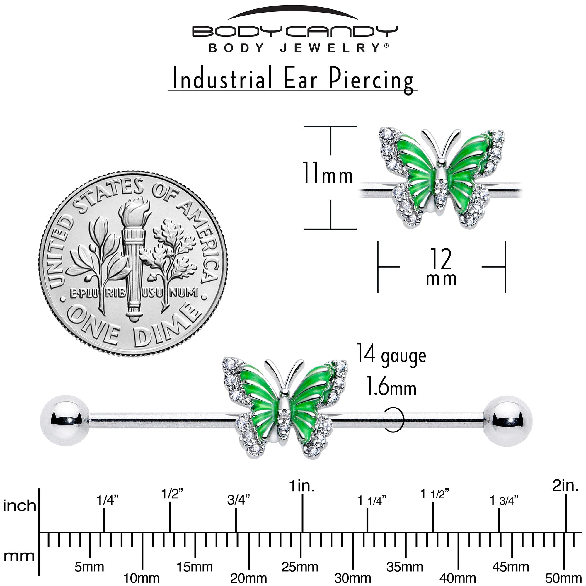 BodyCandy 14G Clear CZ Gem Butterfly Green Industrial Barbell 38mm — back view