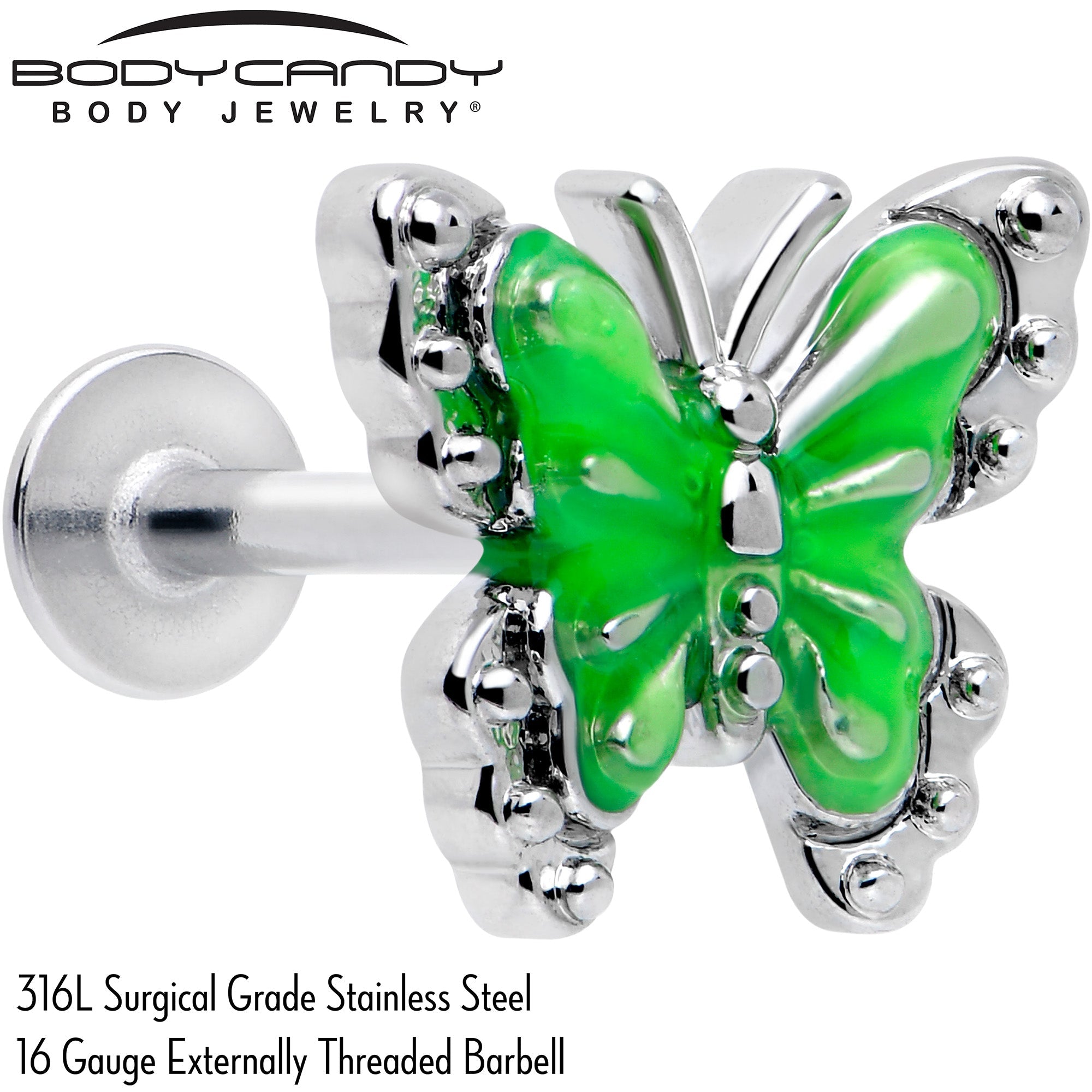 BodyCandy 16G 5/16 Butterfly Green Splash Labret Monroe Tragus — detail close-up