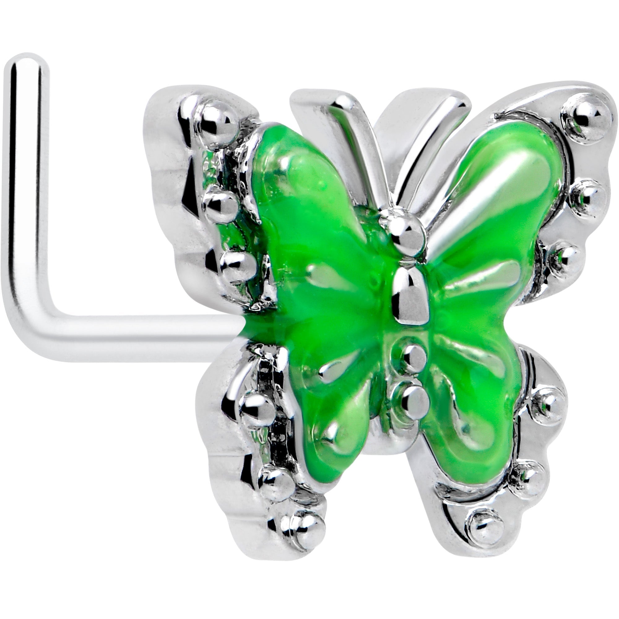 BodyCandy 20G 7mm Butterfly Green Splash L Shape Nose Ring — main product shot