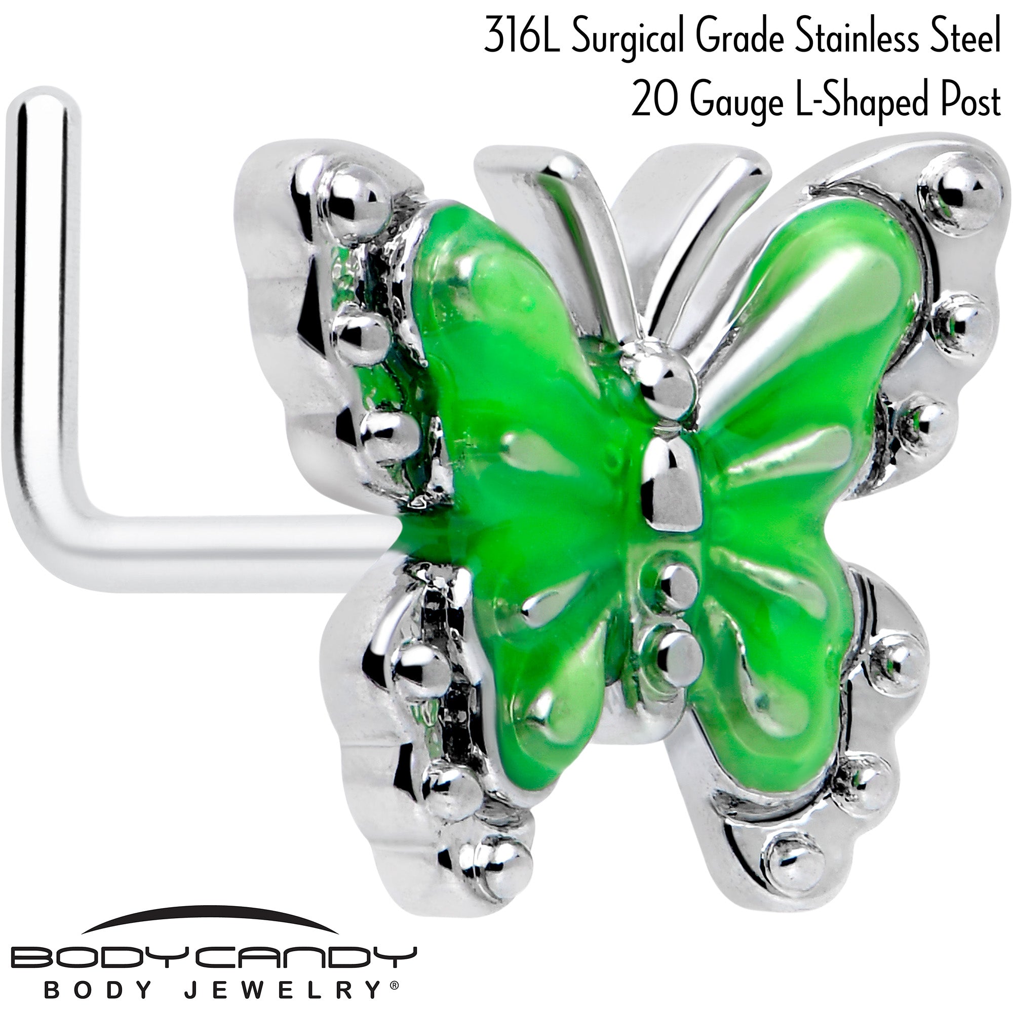 BodyCandy 20G 7mm Butterfly Green Splash L Shape Nose Ring — detail close-up