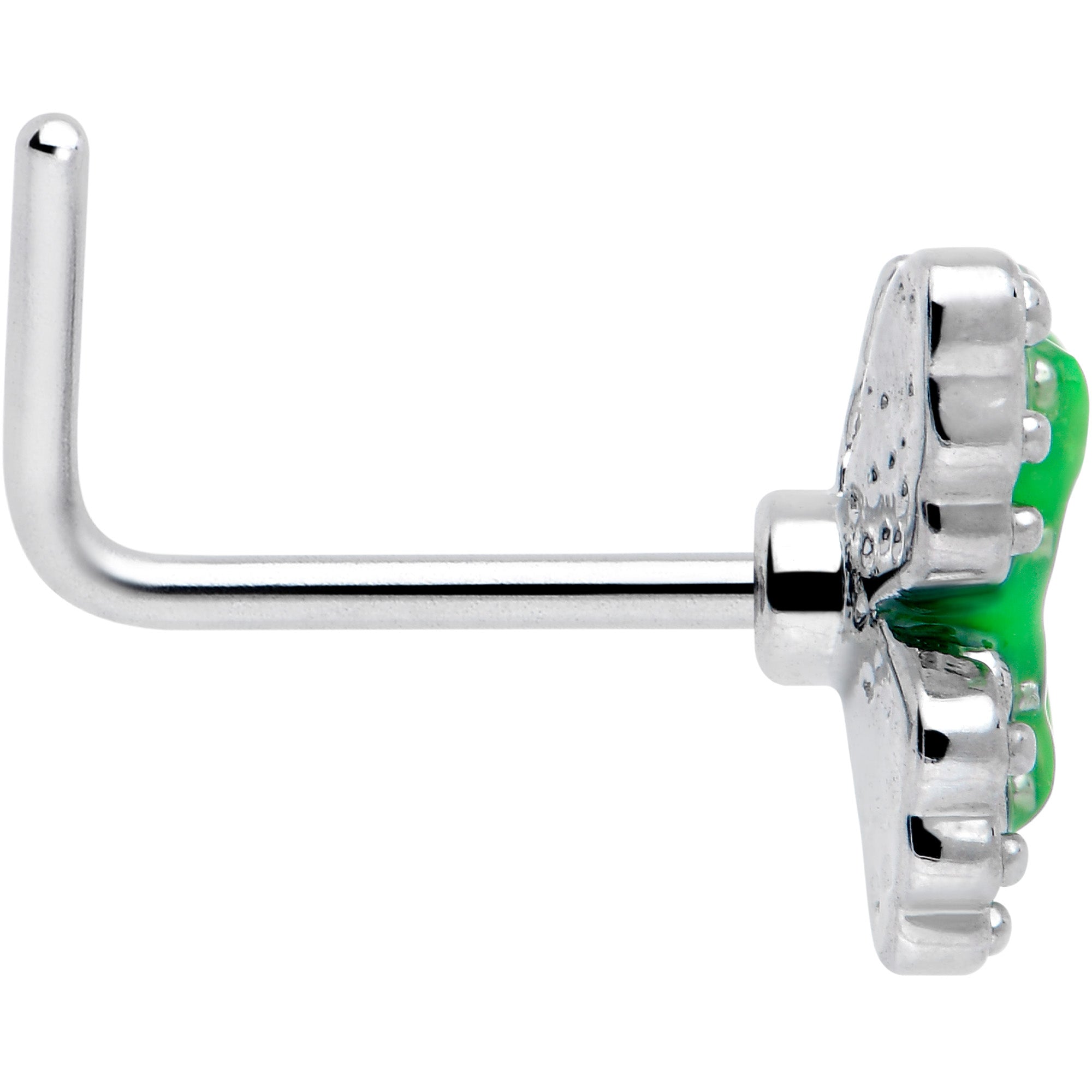 BodyCandy 20G 7mm Butterfly Green Splash L Shape Nose Ring — side view