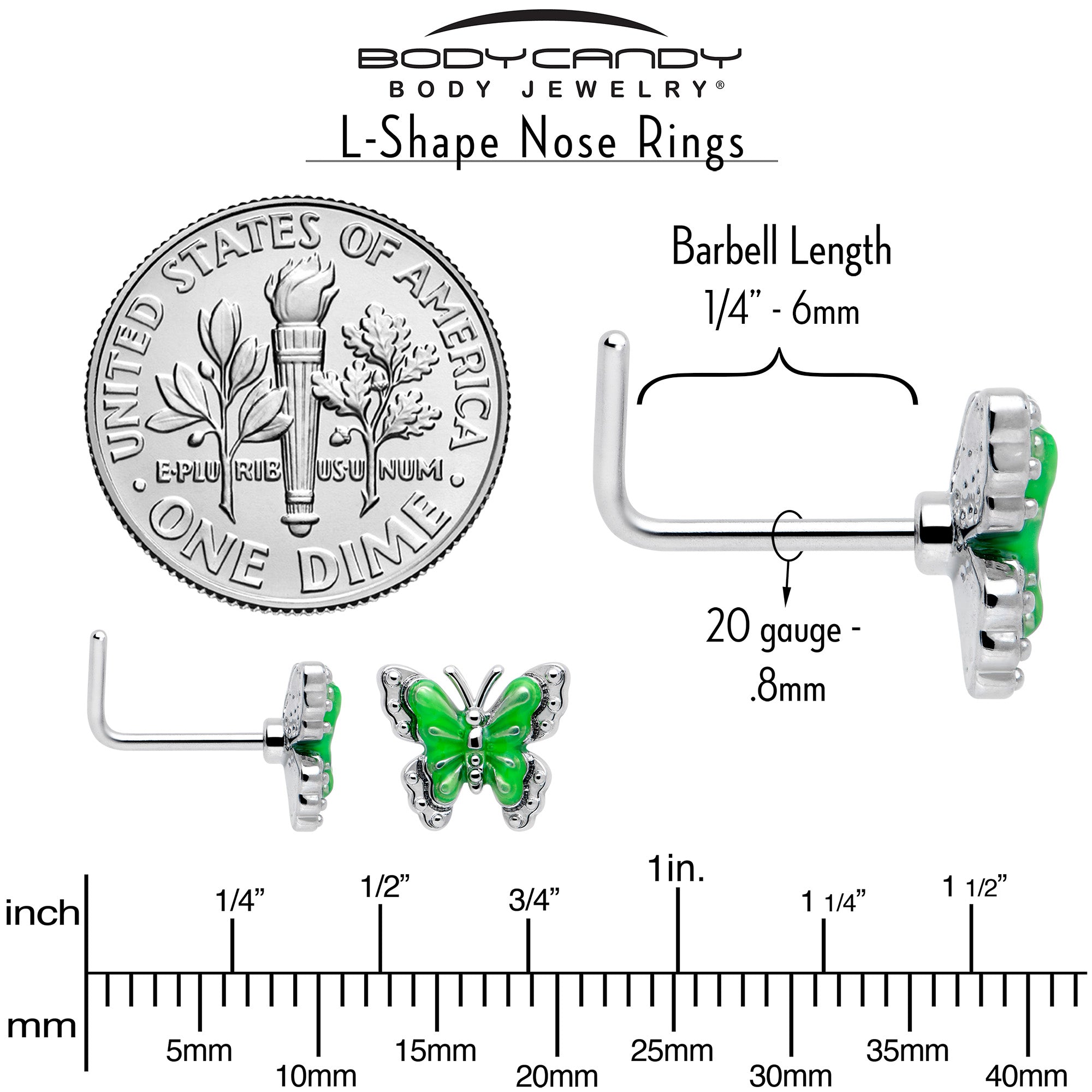 BodyCandy 20G 7mm Butterfly Green Splash L Shape Nose Ring — back view