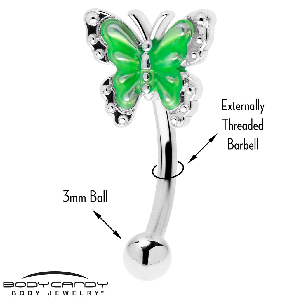 BodyCandy 16G 5/16 Butterfly Green Splash Curved Eyebrow Ring — detail close-up