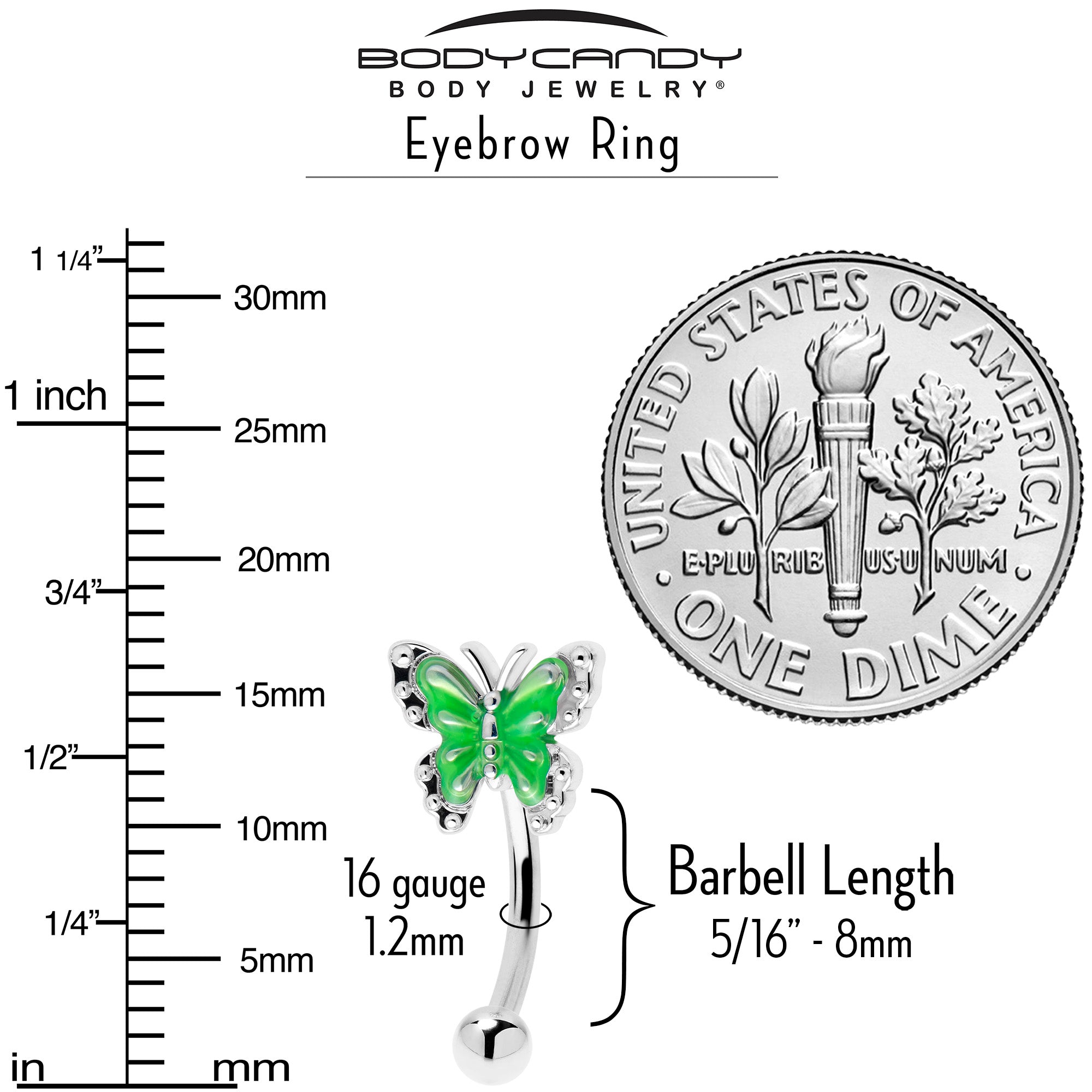 BodyCandy 16G 5/16 Butterfly Green Splash Curved Eyebrow Ring — side view