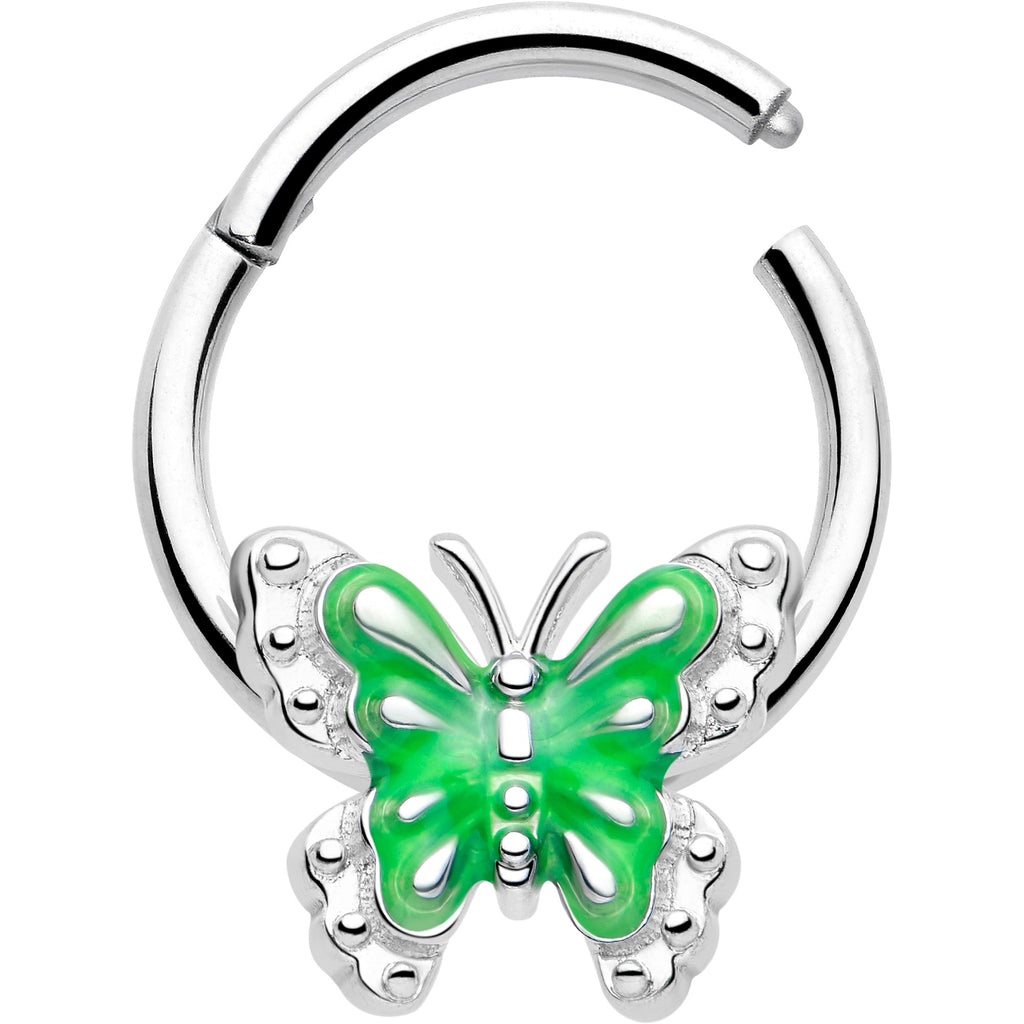 BodyCandy 16G 3/8 Butterfly Green Splash Hinged Segment Ring — detail close-up