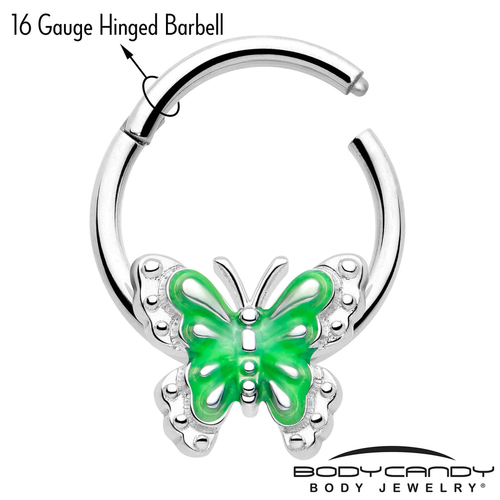 BodyCandy 16G 3/8 Butterfly Green Splash Hinged Segment Ring — lifestyle context