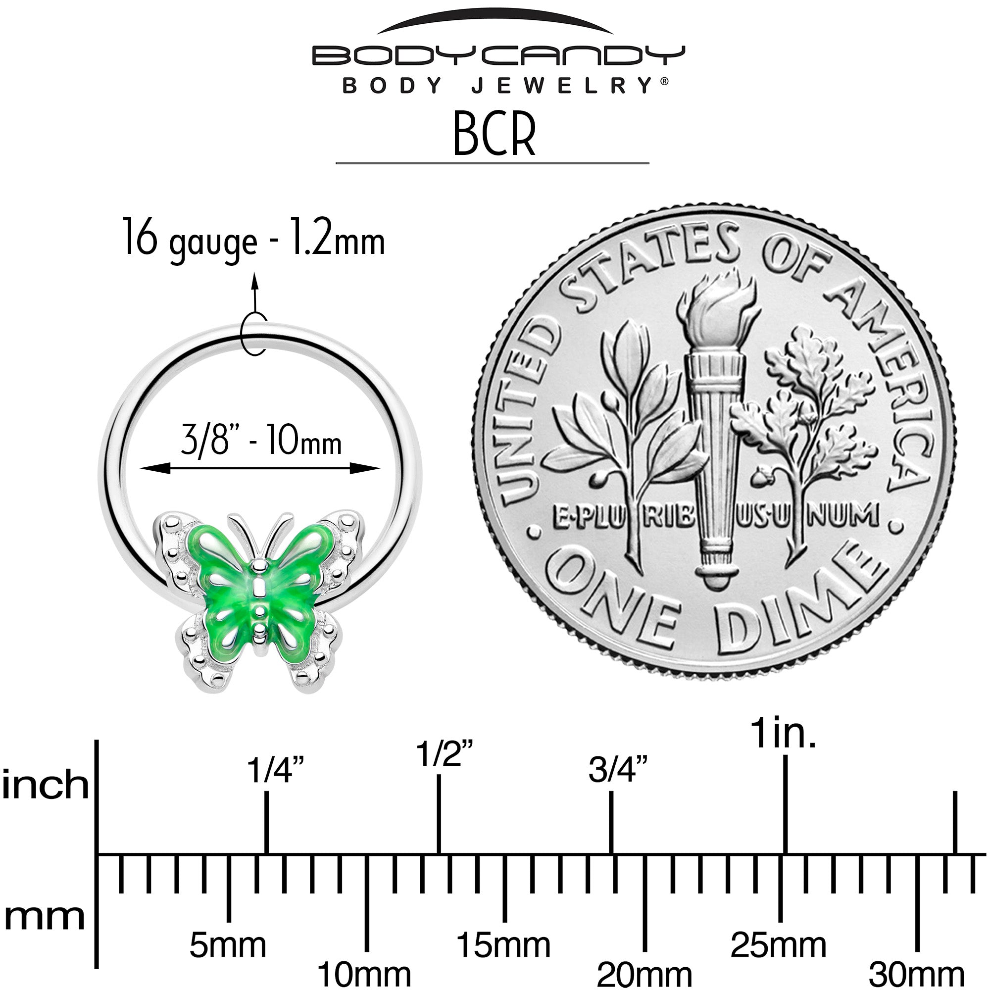 BodyCandy 16G 3/8 Butterfly Green Splash BCR Captive Charm Ring — side view