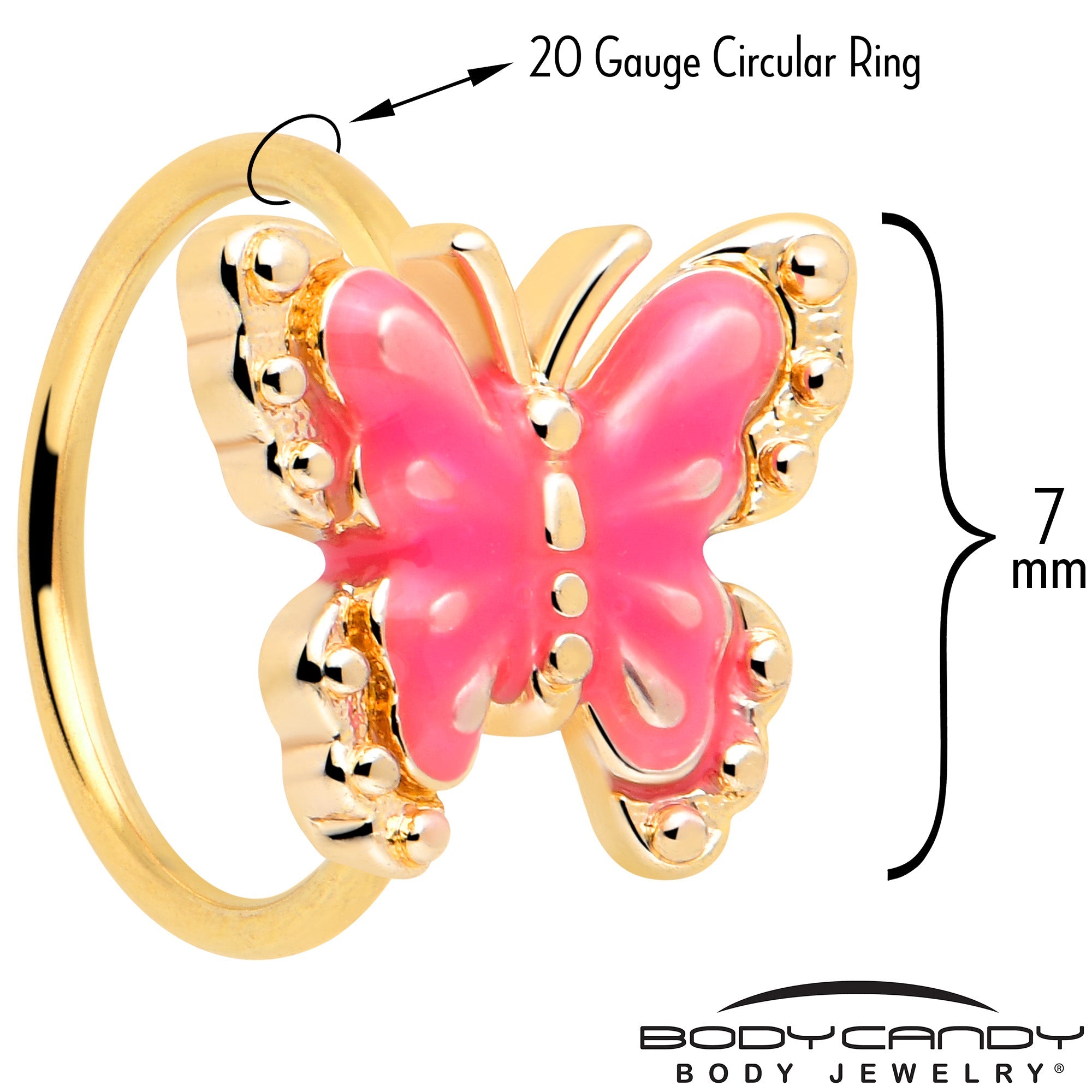BodyCandy 20G 5/16 Gold Tone Butterfly Pink Splash Nose Hoop — detail close-up