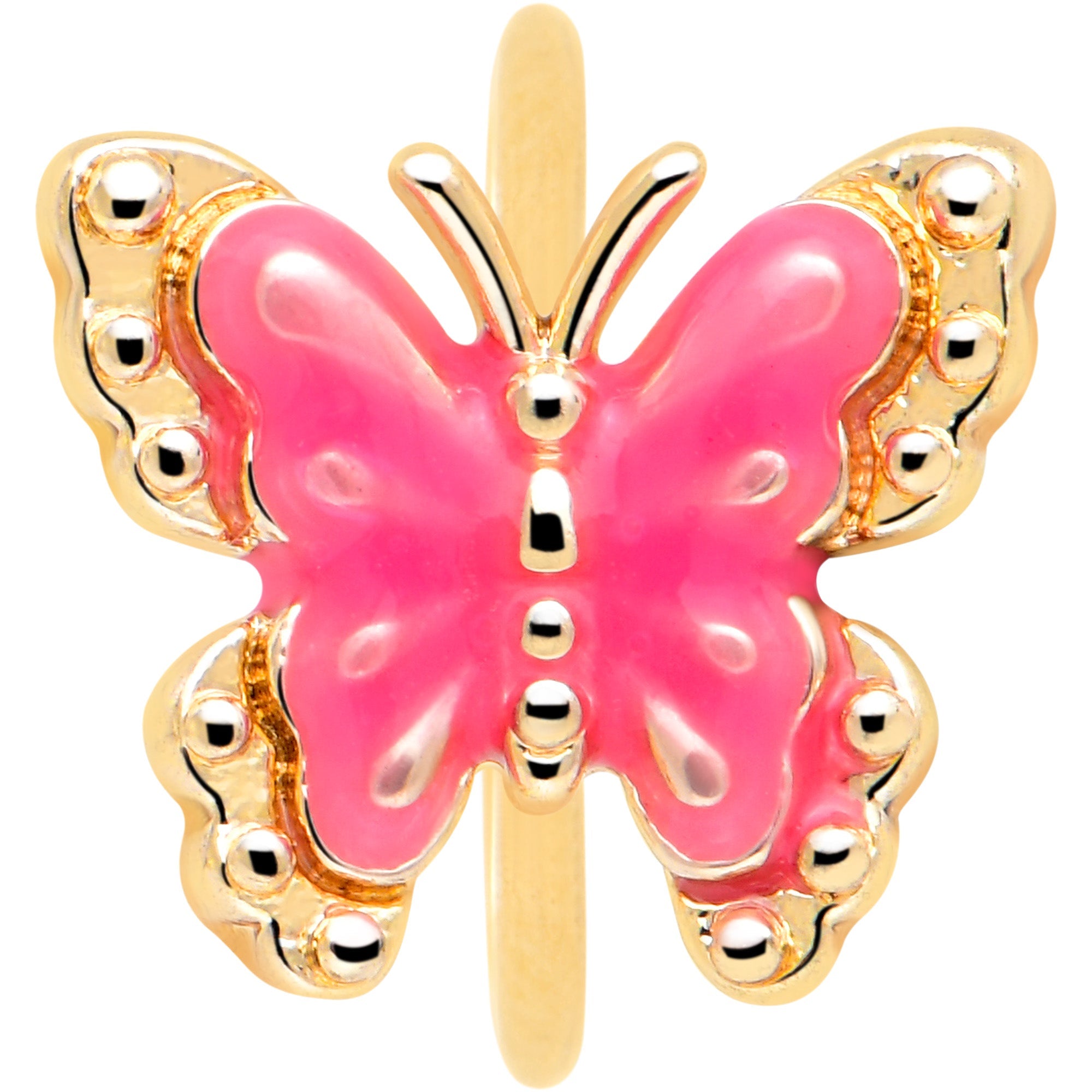 BodyCandy 20G 5/16 Gold Tone Butterfly Pink Splash Nose Hoop — lifestyle context