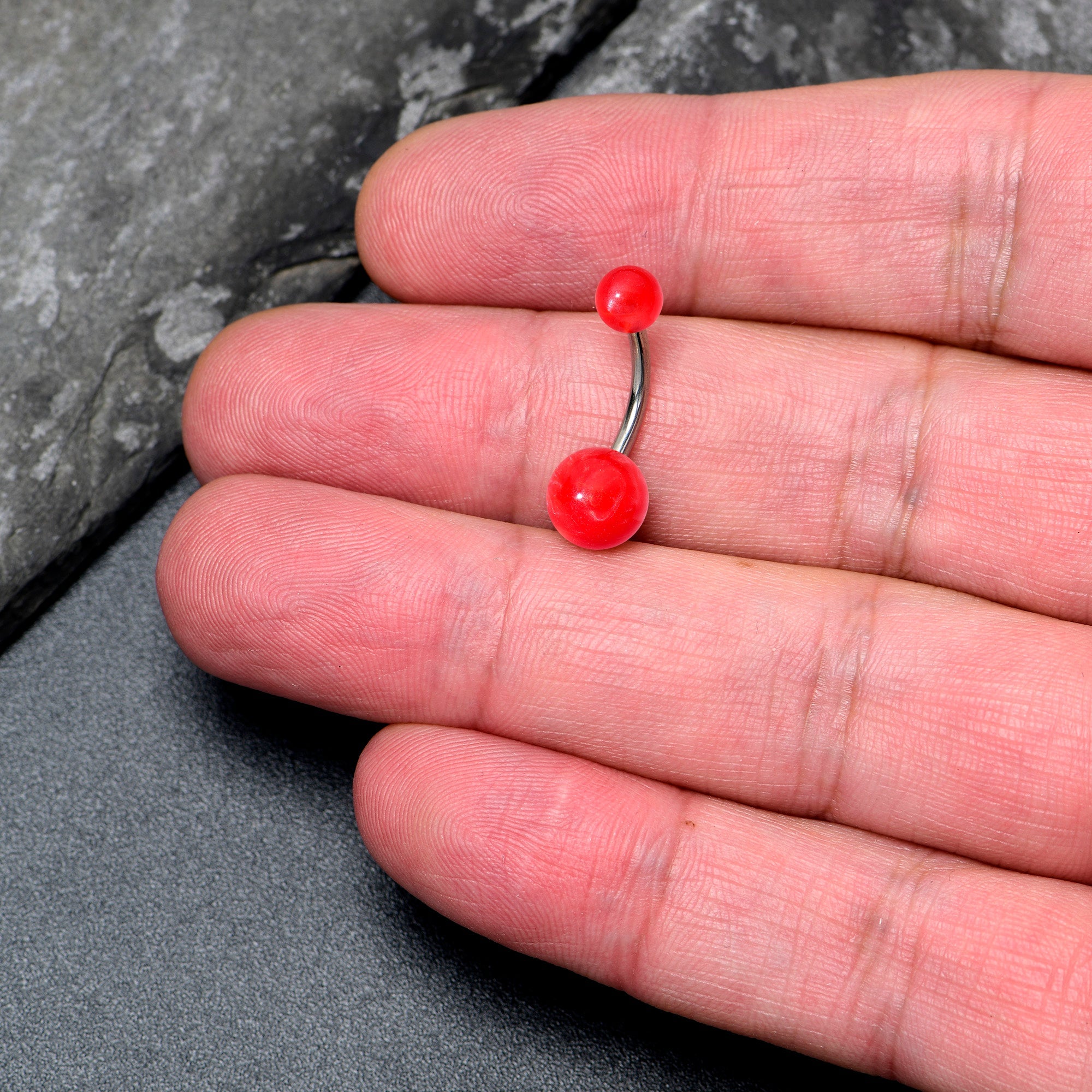 BodyCandy Opaque Bright Red Ends Belly Ring — detail close-up