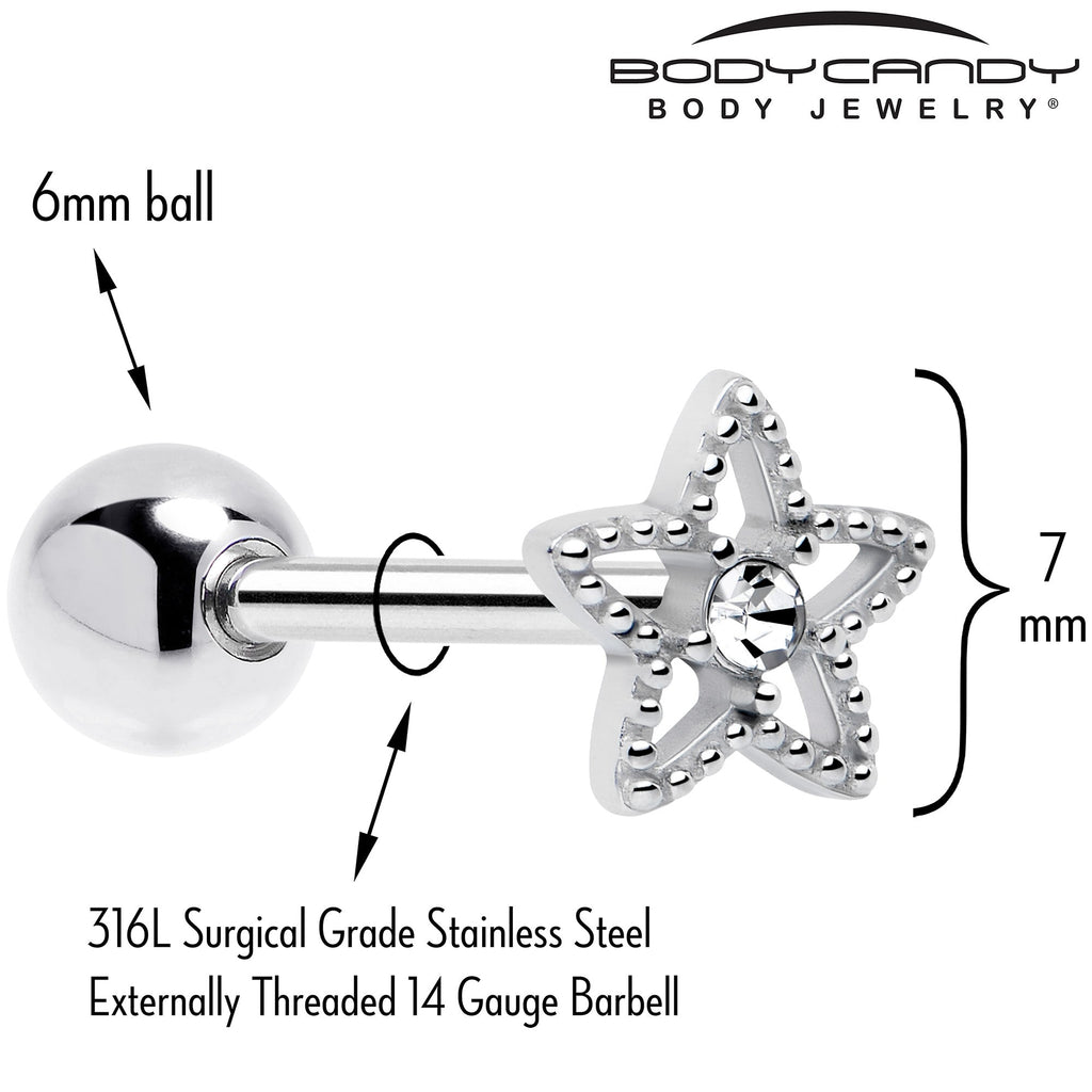 BodyCandy Clear Gem Star Texture Barbell Tongue Ring — detail close-up