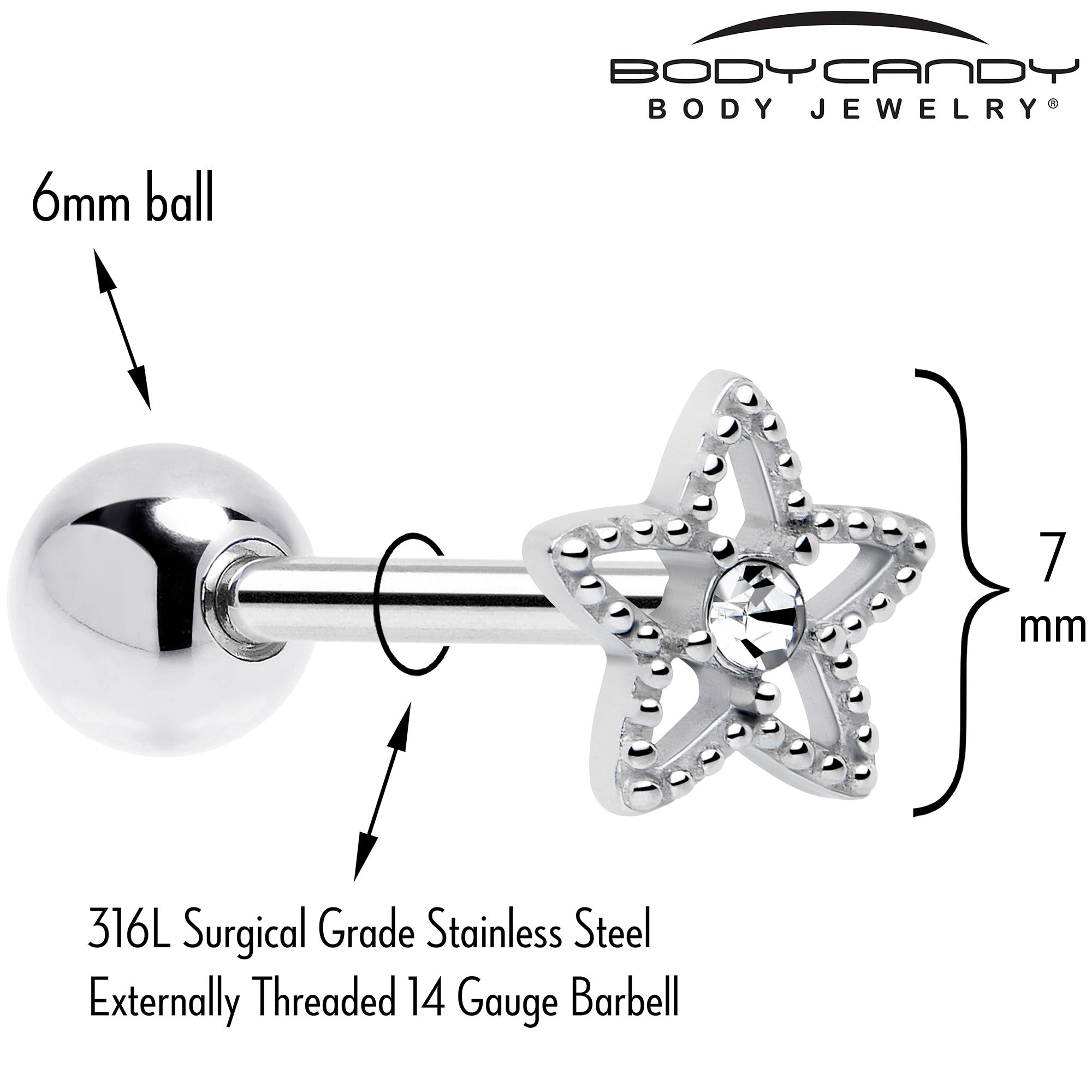 BodyCandy Clear Gem Star Texture Barbell Tongue Ring — detail close-up